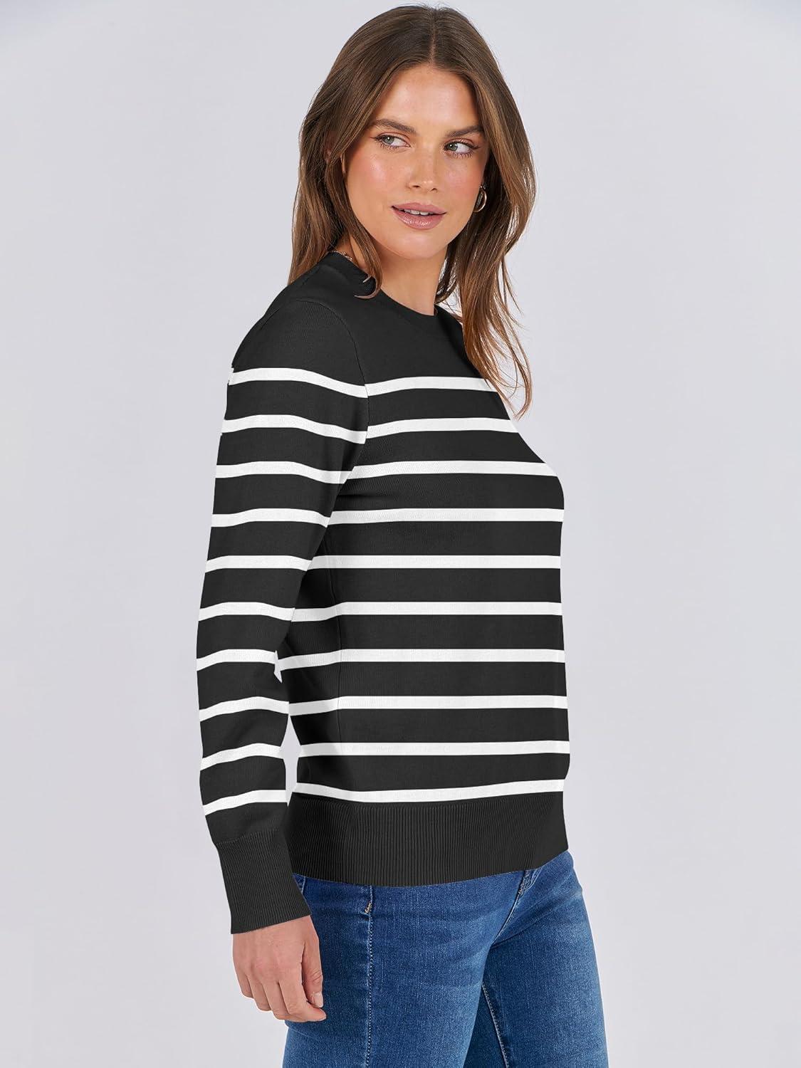 imageANRABESS Sweaters for Women Long Sleeve Lightweight Crewneck Soft Basic Knit Loose Fit Pullover Top 2025 Fall Trendy OutfitsBlack White