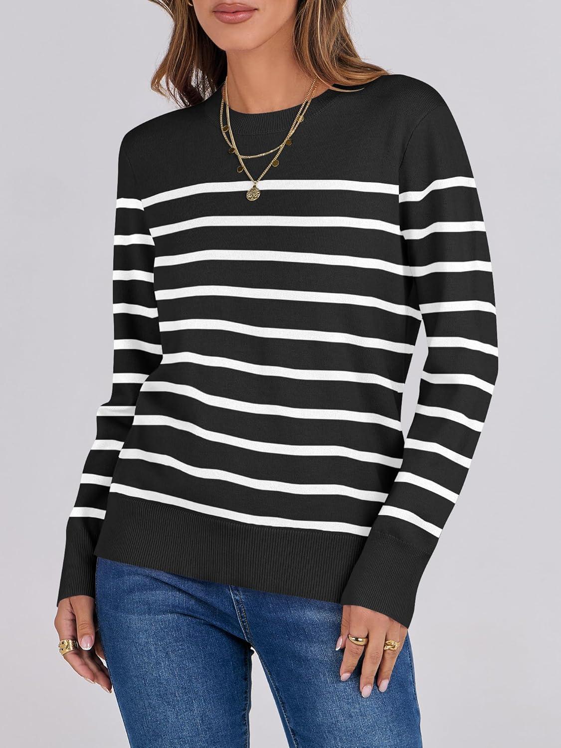 imageANRABESS Sweaters for Women Long Sleeve Lightweight Crewneck Soft Basic Knit Loose Fit Pullover Top 2025 Fall Trendy OutfitsBlack White