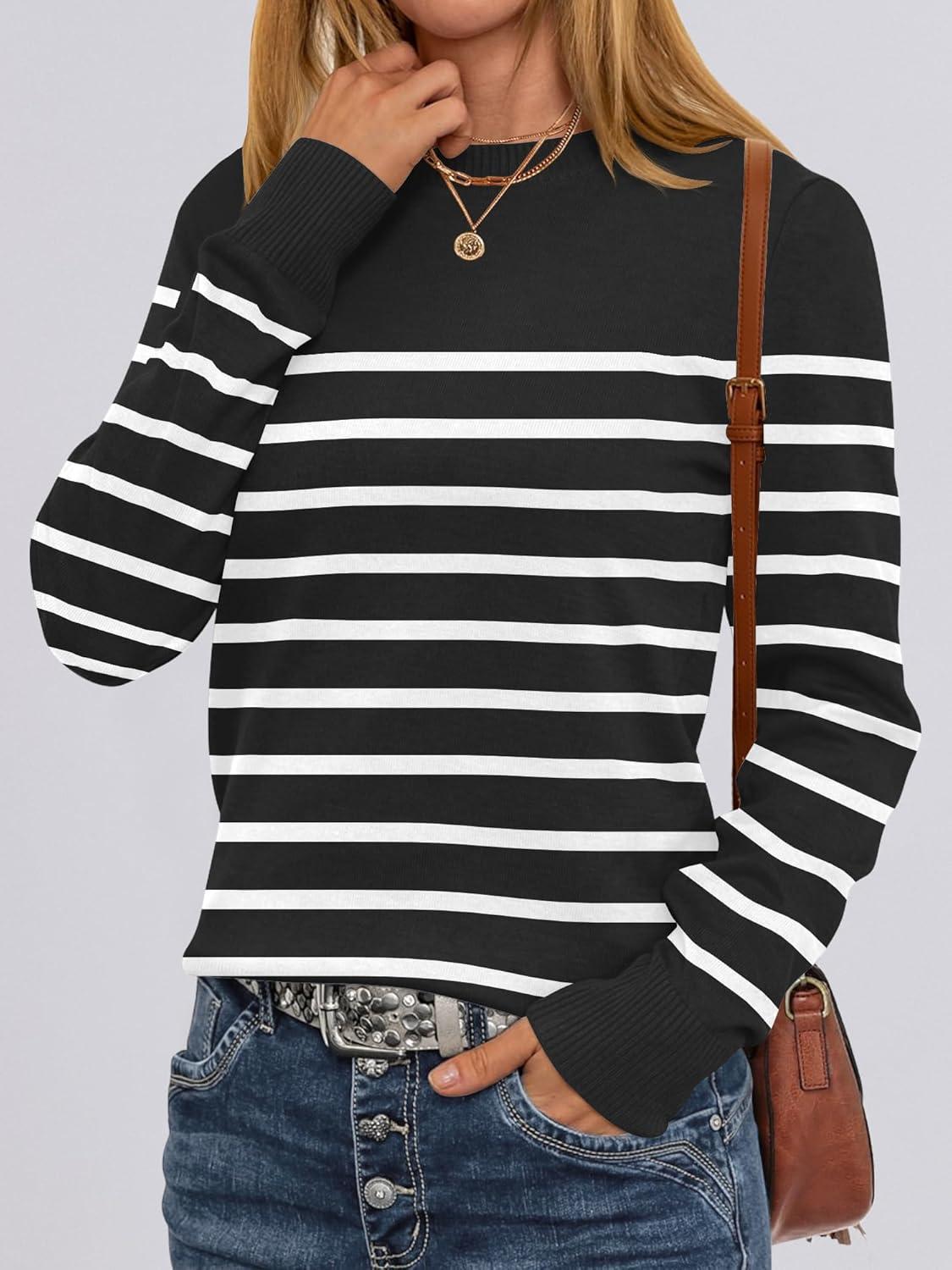 imageANRABESS Sweaters for Women Long Sleeve Lightweight Crewneck Soft Basic Knit Loose Fit Pullover Top 2025 Fall Trendy OutfitsBlack White