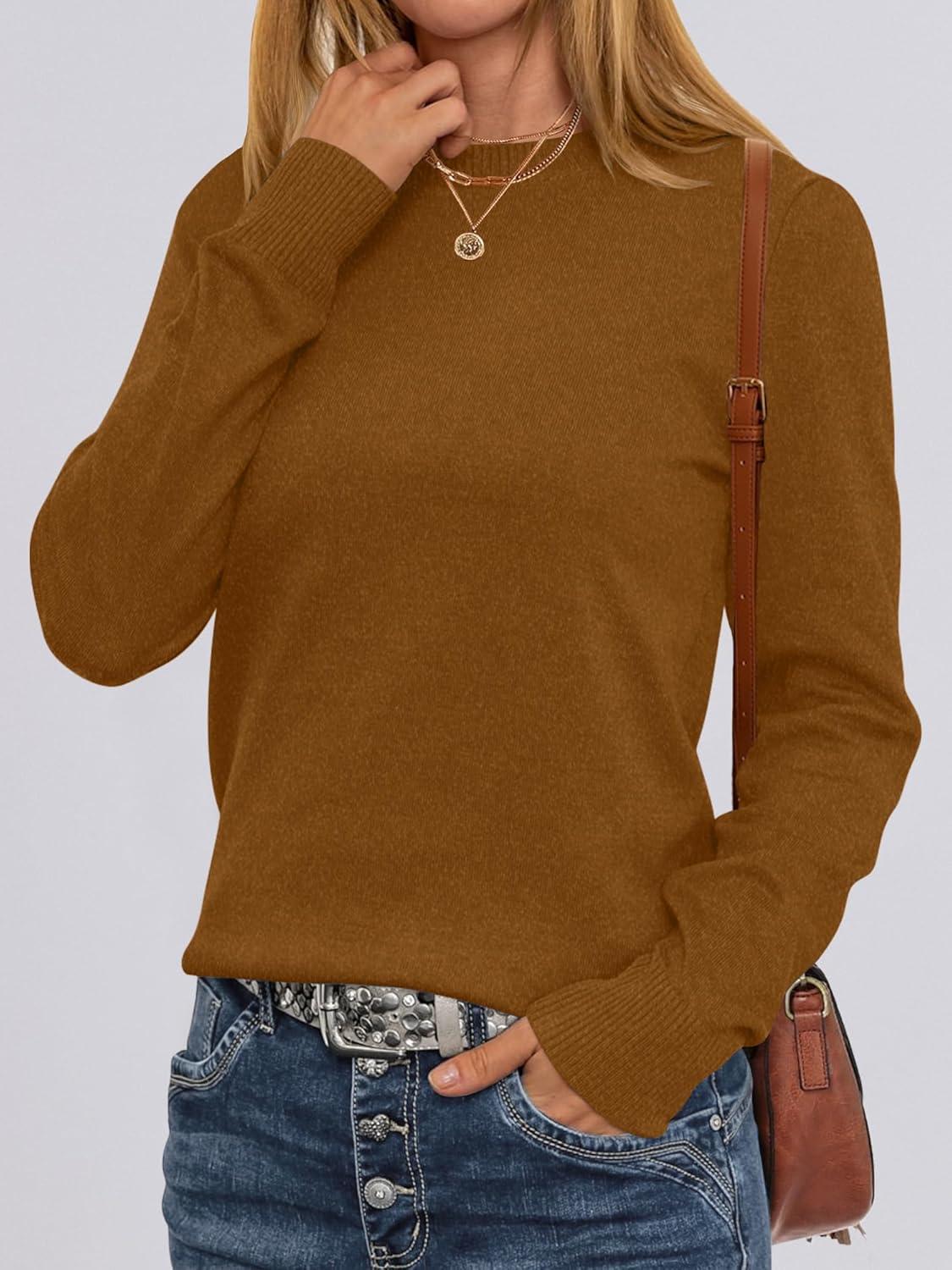 imageANRABESS Sweaters for Women Long Sleeve Lightweight Crewneck Soft Basic Knit Loose Fit Pullover Top 2025 Fall Trendy OutfitsCaramel