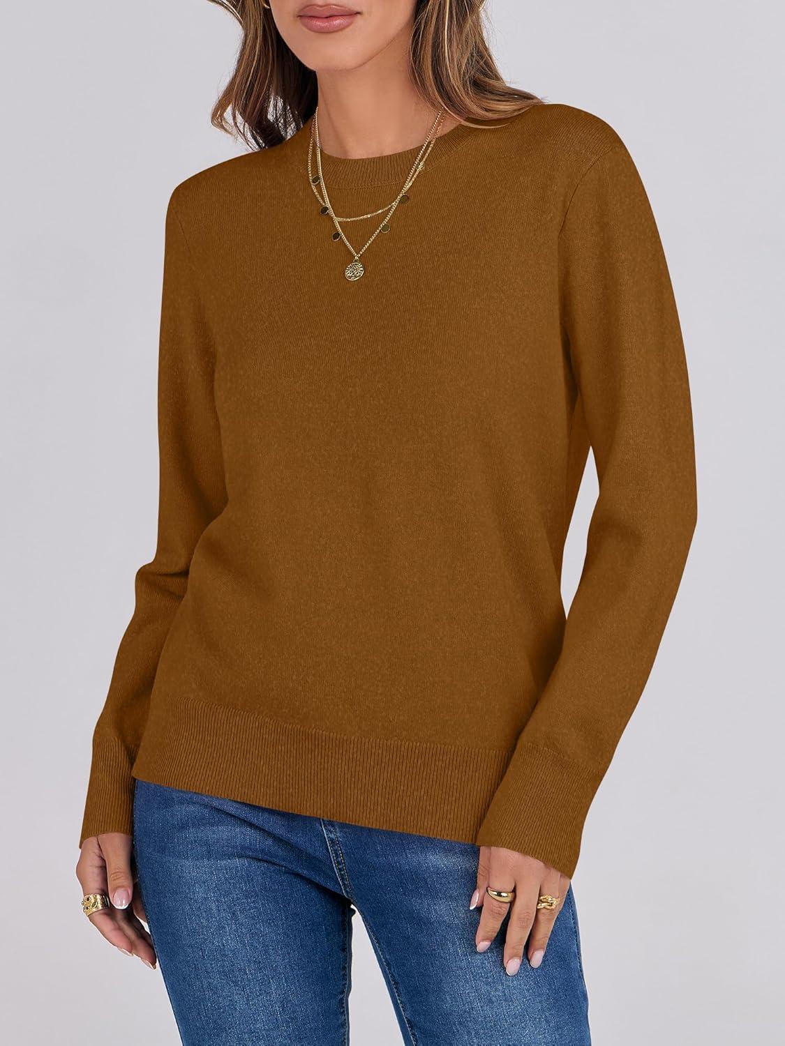 imageANRABESS Sweaters for Women Long Sleeve Lightweight Crewneck Soft Basic Knit Loose Fit Pullover Top 2025 Fall Trendy OutfitsCaramel