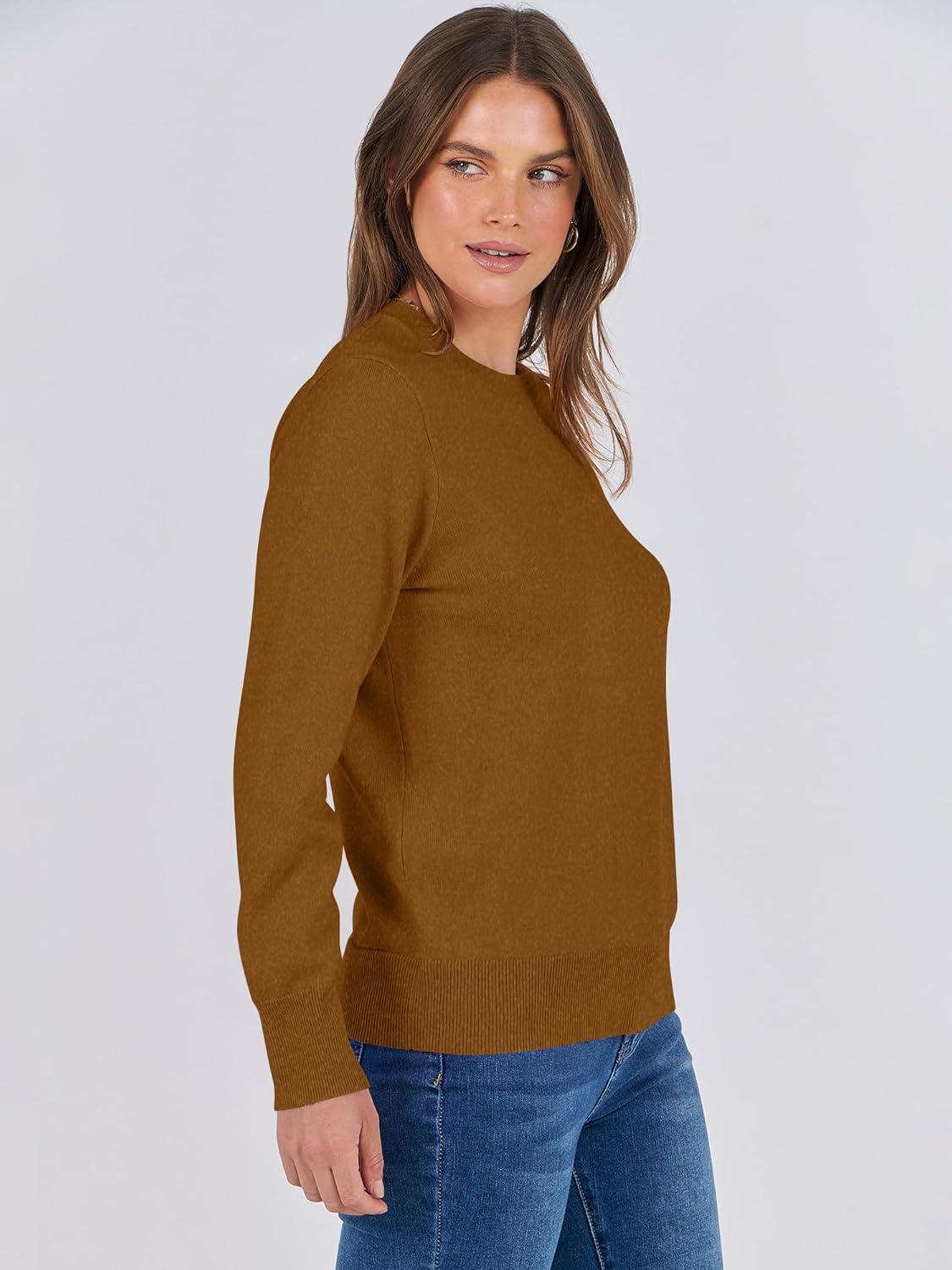 imageANRABESS Sweaters for Women Long Sleeve Lightweight Crewneck Soft Basic Knit Loose Fit Pullover Top 2025 Fall Trendy OutfitsCaramel