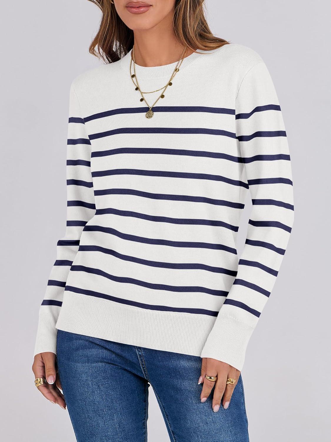 imageANRABESS Sweaters for Women Long Sleeve Lightweight Crewneck Soft Basic Knit Loose Fit Pullover Top 2025 Fall Trendy OutfitsWhite Navy Blue