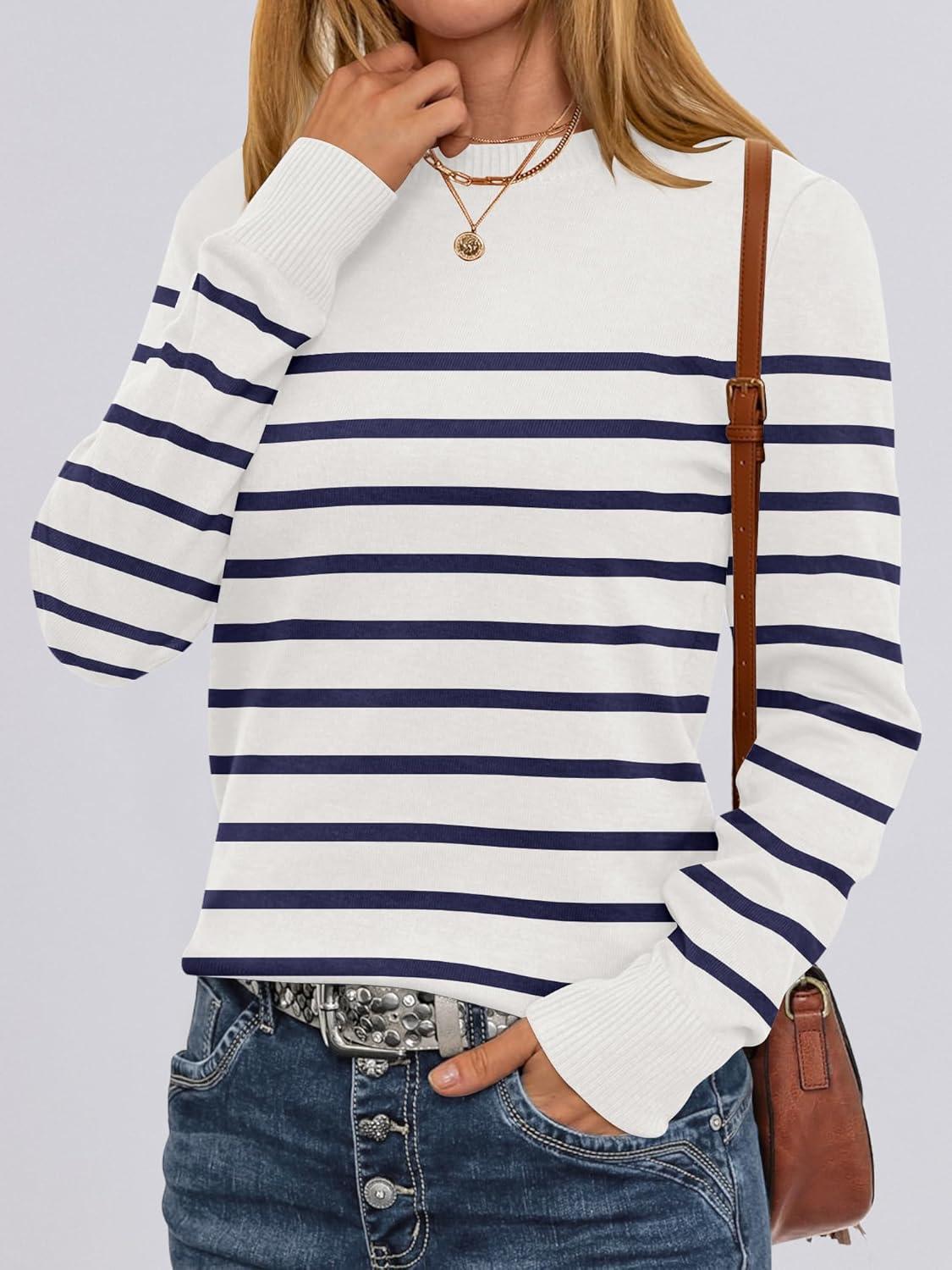 imageANRABESS Sweaters for Women Long Sleeve Lightweight Crewneck Soft Basic Knit Loose Fit Pullover Top 2025 Fall Trendy OutfitsWhite Navy Blue