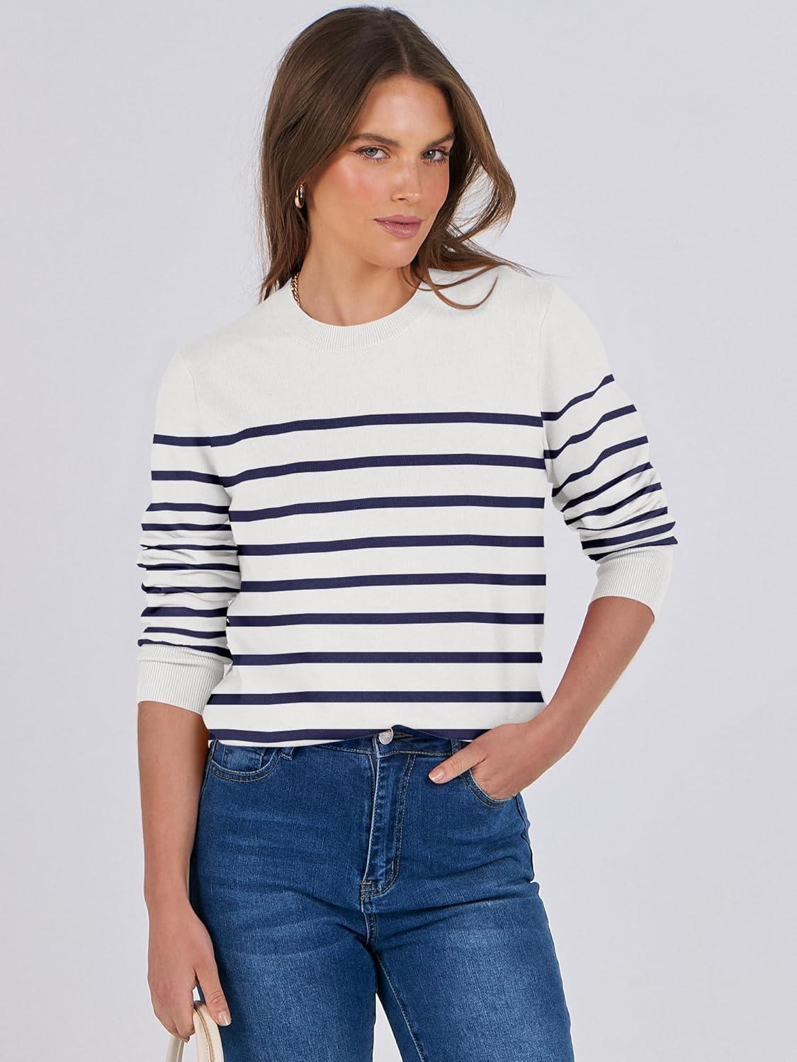 imageANRABESS Sweaters for Women Long Sleeve Lightweight Crewneck Soft Basic Knit Loose Fit Pullover Top 2025 Fall Trendy OutfitsWhite Navy Blue