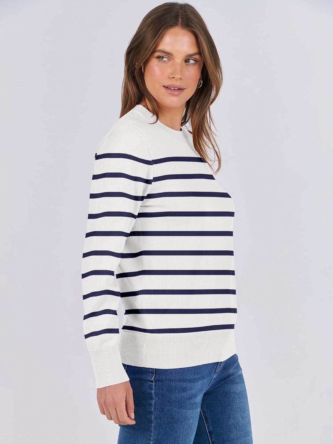 imageANRABESS Sweaters for Women Long Sleeve Lightweight Crewneck Soft Basic Knit Loose Fit Pullover Top 2025 Fall Trendy OutfitsWhite Navy Blue