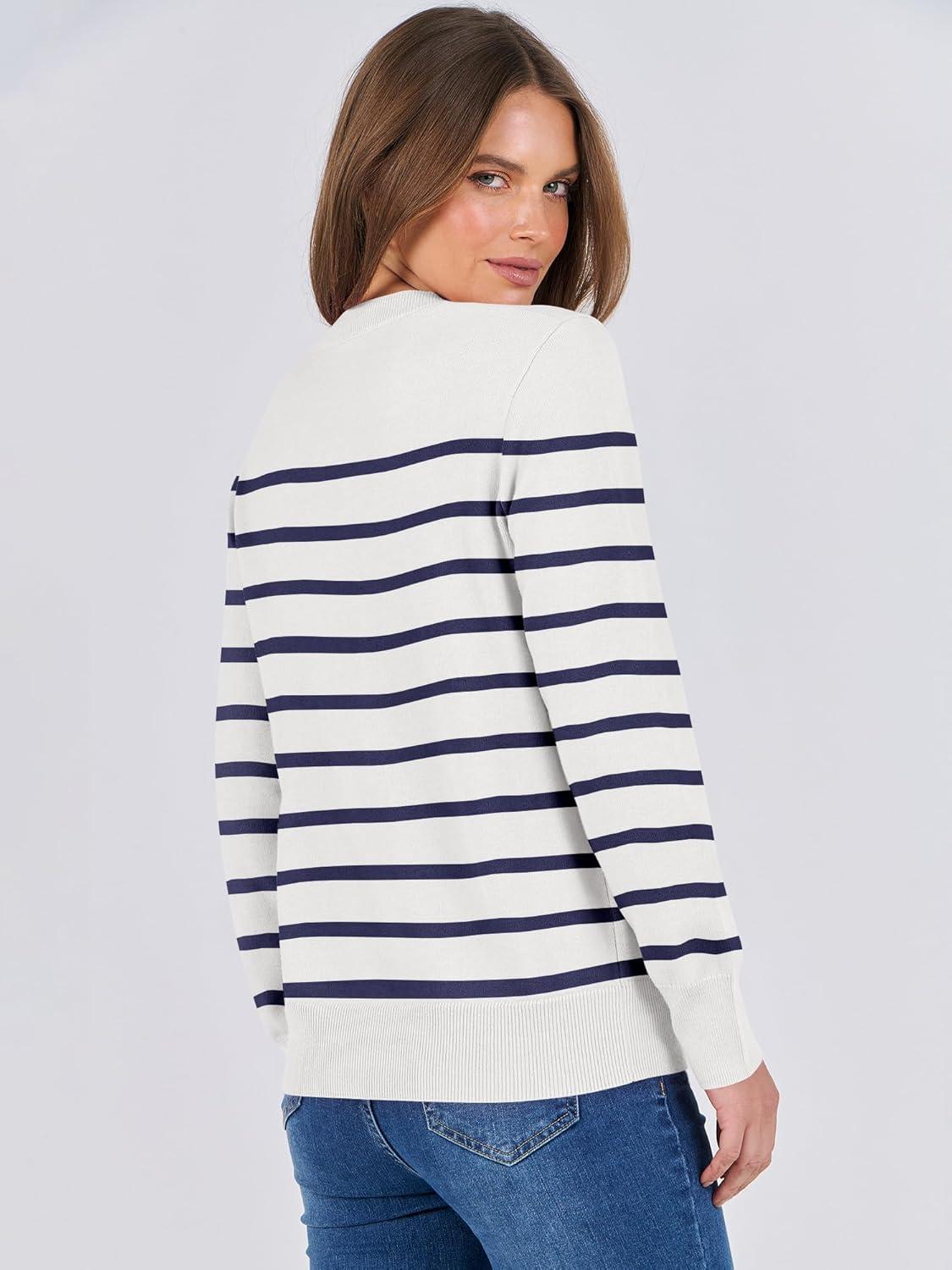 imageANRABESS Sweaters for Women Long Sleeve Lightweight Crewneck Soft Basic Knit Loose Fit Pullover Top 2025 Fall Trendy OutfitsWhite Navy Blue