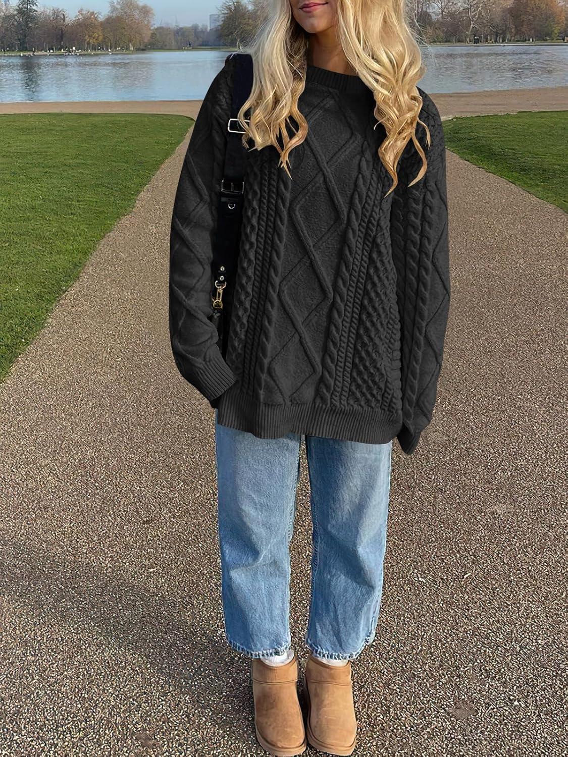 imageANRABESS Sweaters for Women Oversized Cable Knit Fall Long Sleeve Crewneck Casual Pullover Sweater Tops 2025 Winter OutfitsBlack