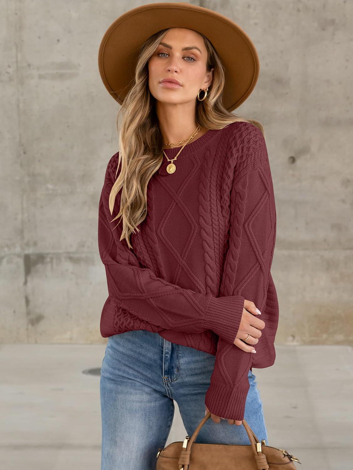 imageANRABESS Sweaters for Women Oversized Cable Knit Fall Long Sleeve Crewneck Casual Pullover Sweater Tops 2025 Winter OutfitsBright Burgundy