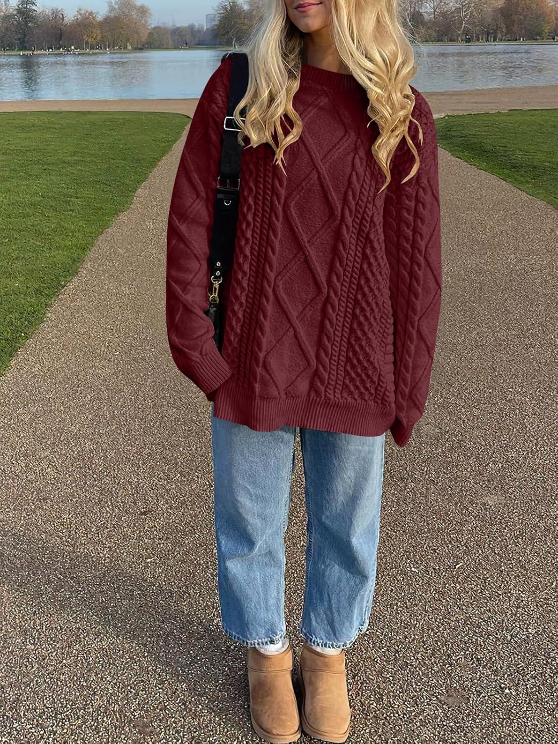 imageANRABESS Sweaters for Women Oversized Cable Knit Fall Long Sleeve Crewneck Casual Pullover Sweater Tops 2025 Winter OutfitsBright Burgundy