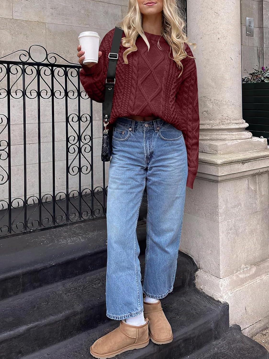 imageANRABESS Sweaters for Women Oversized Cable Knit Fall Long Sleeve Crewneck Casual Pullover Sweater Tops 2025 Winter OutfitsBright Burgundy