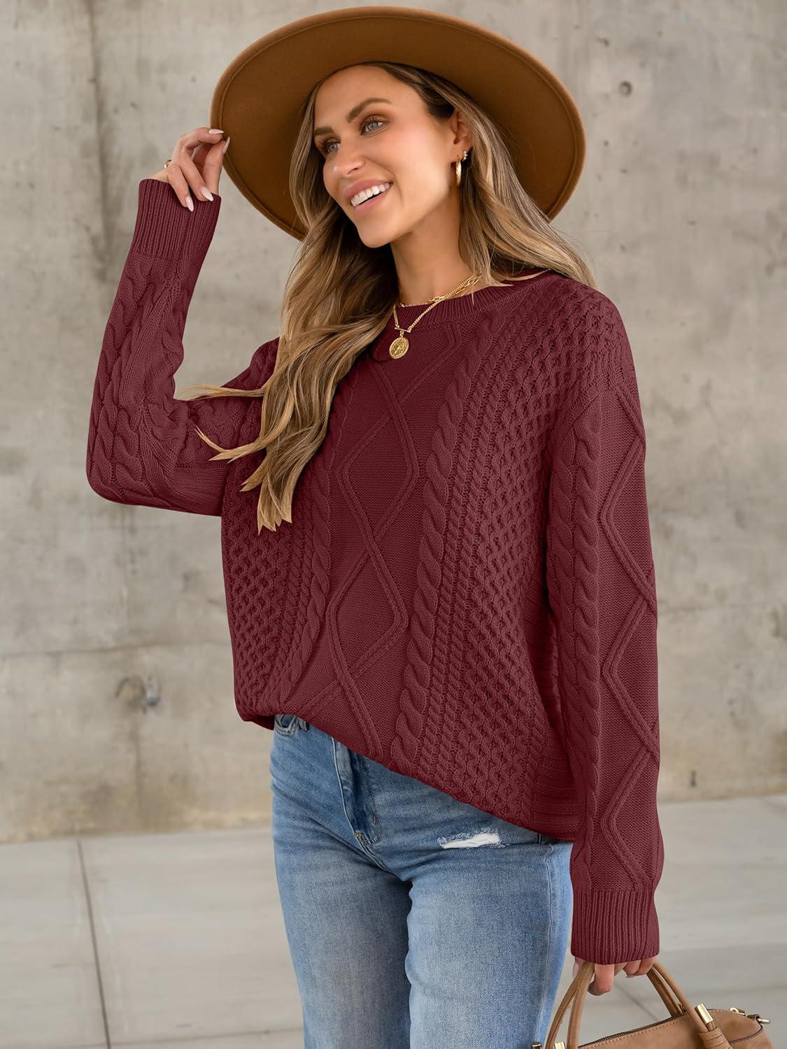imageANRABESS Sweaters for Women Oversized Cable Knit Fall Long Sleeve Crewneck Casual Pullover Sweater Tops 2025 Winter OutfitsBright Burgundy