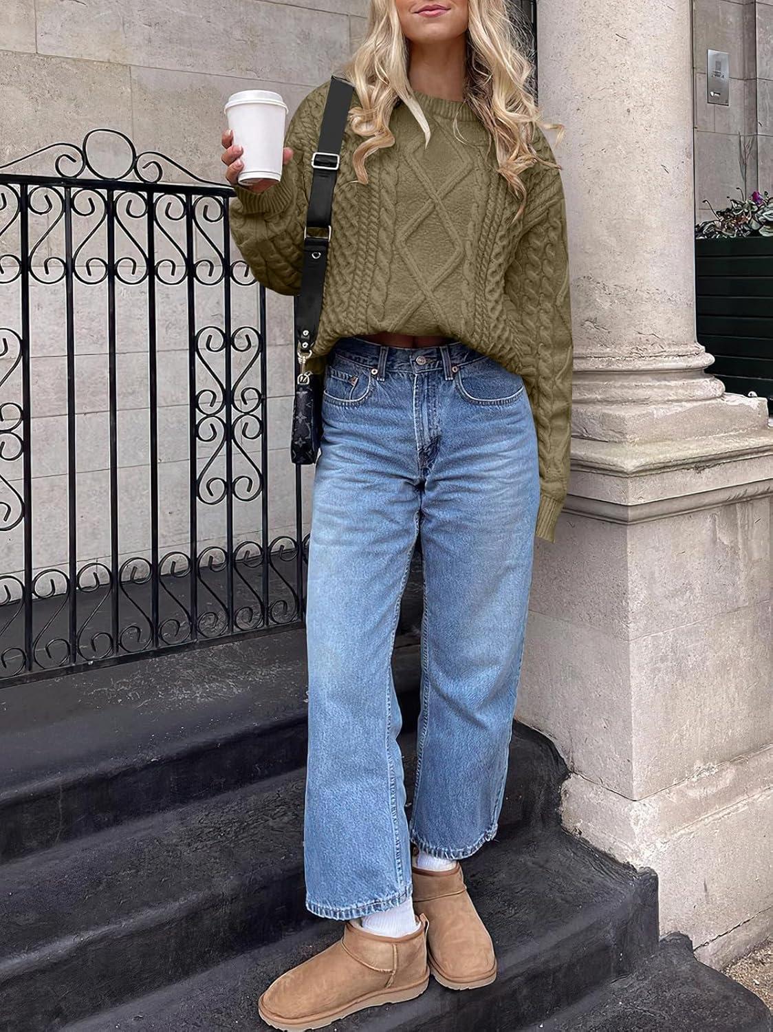 imageANRABESS Sweaters for Women Oversized Cable Knit Fall Long Sleeve Crewneck Casual Pullover Sweater Tops 2025 Winter OutfitsBrown Yellow