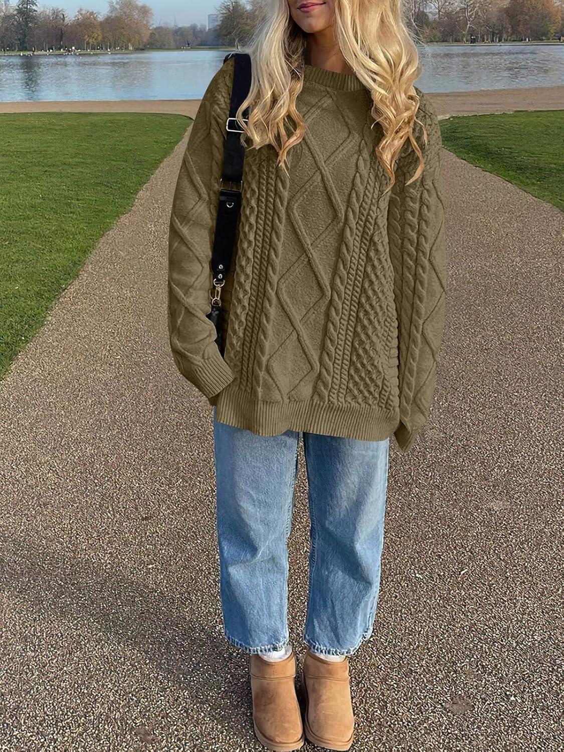 imageANRABESS Sweaters for Women Oversized Cable Knit Fall Long Sleeve Crewneck Casual Pullover Sweater Tops 2025 Winter OutfitsBrown Yellow