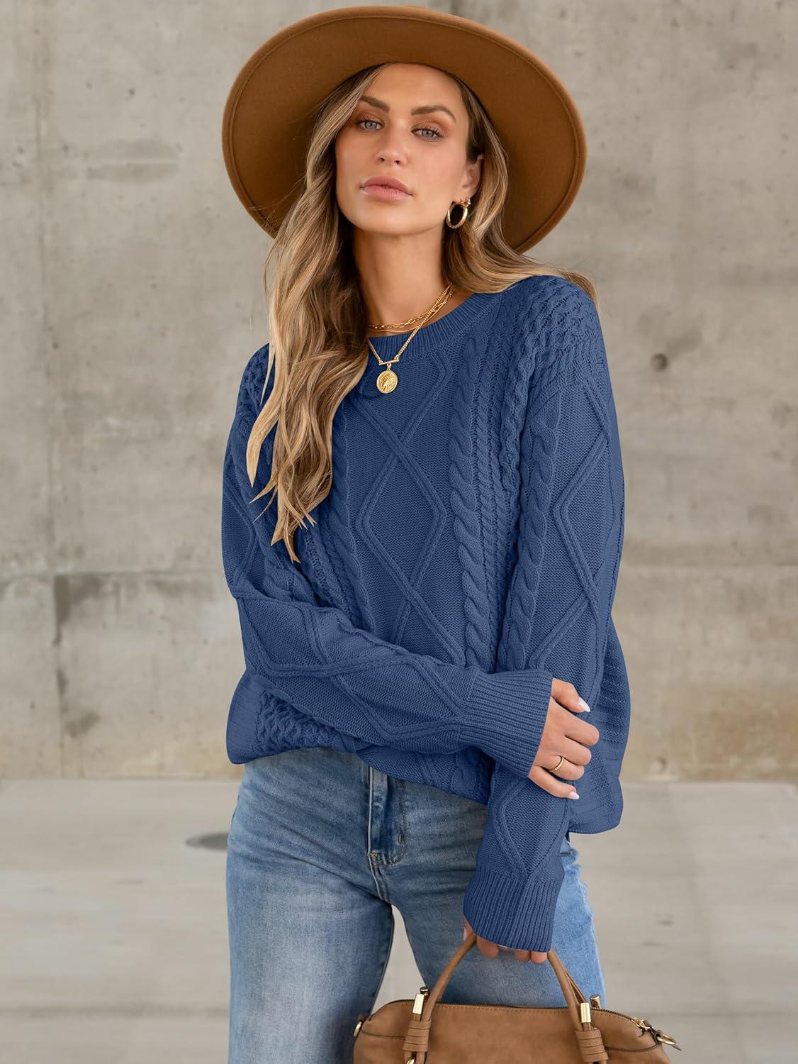 imageANRABESS Sweaters for Women Oversized Cable Knit Fall Long Sleeve Crewneck Casual Pullover Sweater Tops 2025 Winter OutfitsDeep Blue