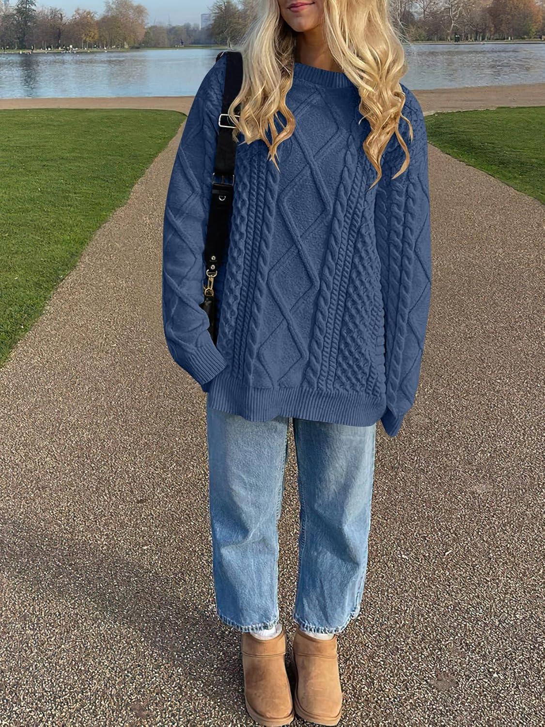 imageANRABESS Sweaters for Women Oversized Cable Knit Fall Long Sleeve Crewneck Casual Pullover Sweater Tops 2025 Winter OutfitsDeep Blue