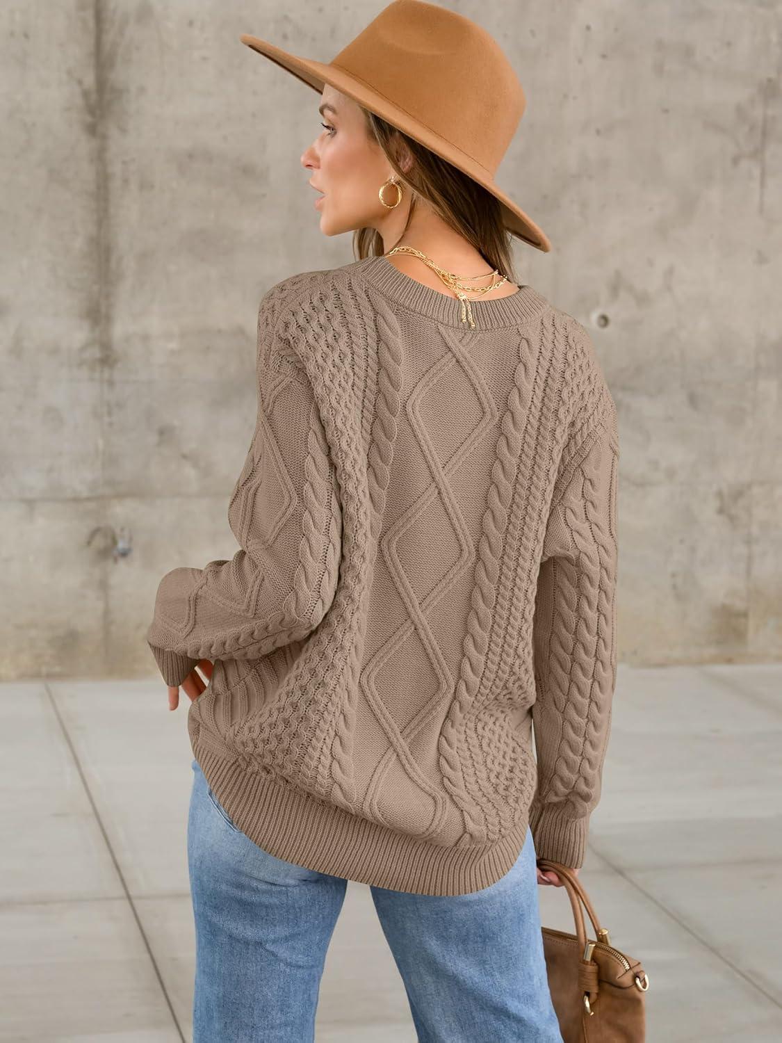 imageANRABESS Sweaters for Women Oversized Cable Knit Fall Long Sleeve Crewneck Casual Pullover Sweater Tops 2025 Winter OutfitsKhaki Brown