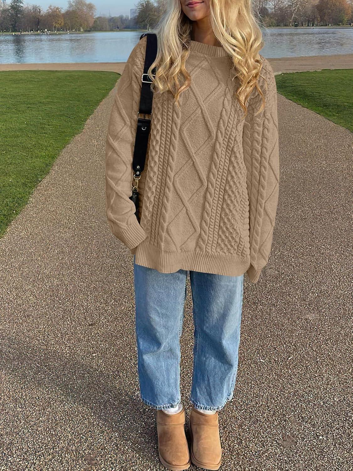 imageANRABESS Sweaters for Women Oversized Cable Knit Fall Long Sleeve Crewneck Casual Pullover Sweater Tops 2025 Winter OutfitsKhaki Brown