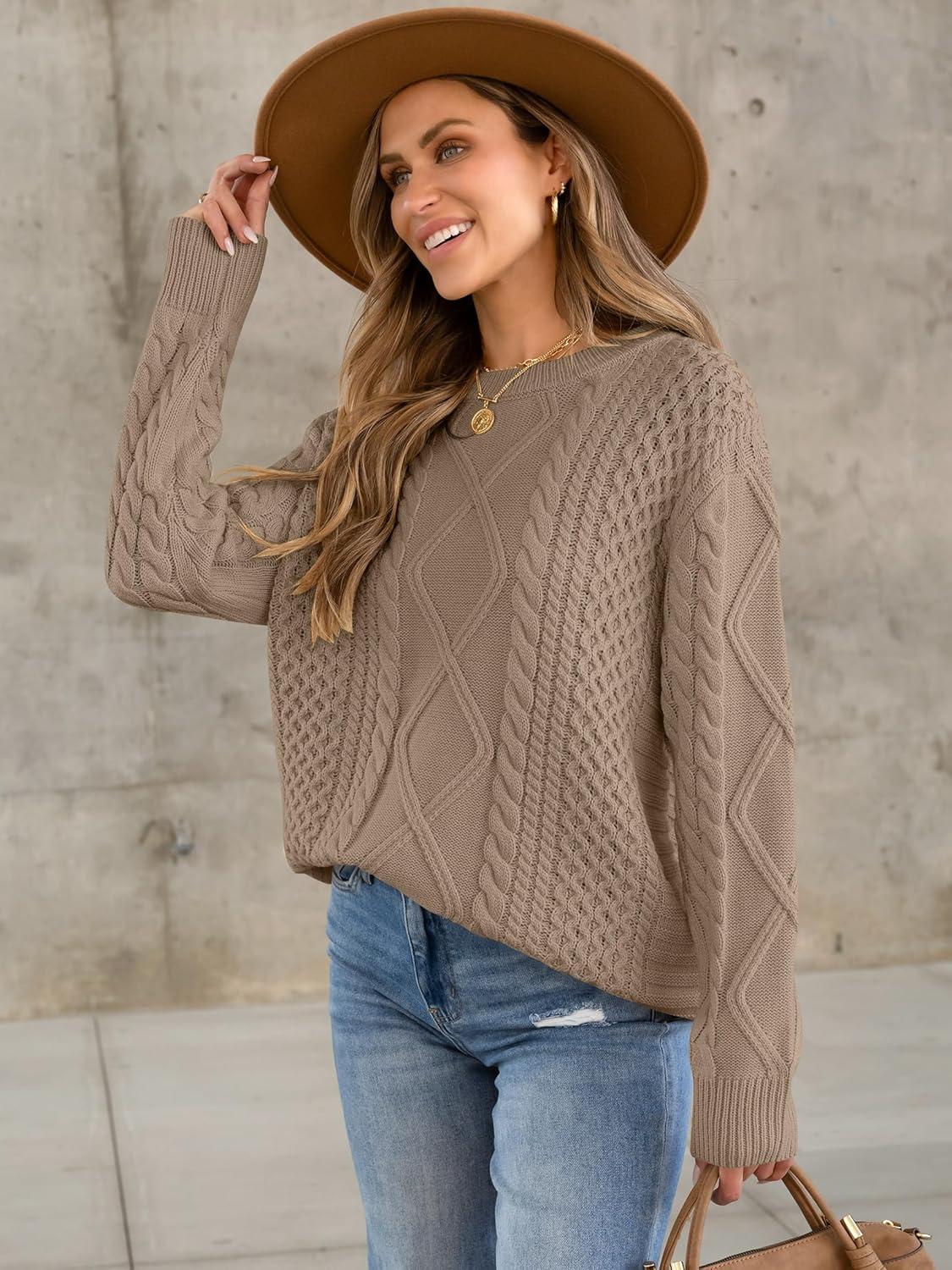 imageANRABESS Sweaters for Women Oversized Cable Knit Fall Long Sleeve Crewneck Casual Pullover Sweater Tops 2025 Winter OutfitsKhaki Brown