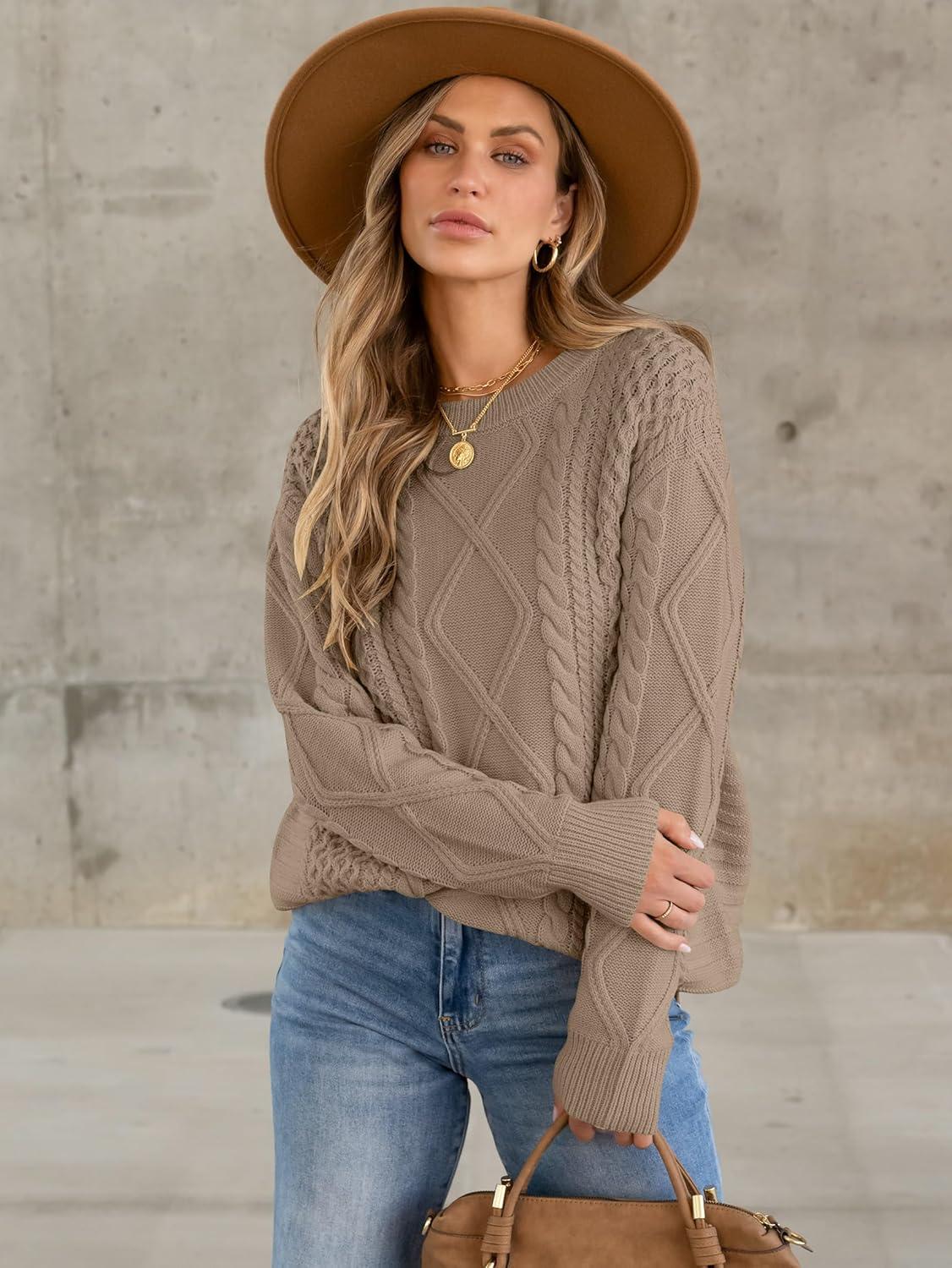 imageANRABESS Sweaters for Women Oversized Cable Knit Fall Long Sleeve Crewneck Casual Pullover Sweater Tops 2025 Winter OutfitsKhaki Brown