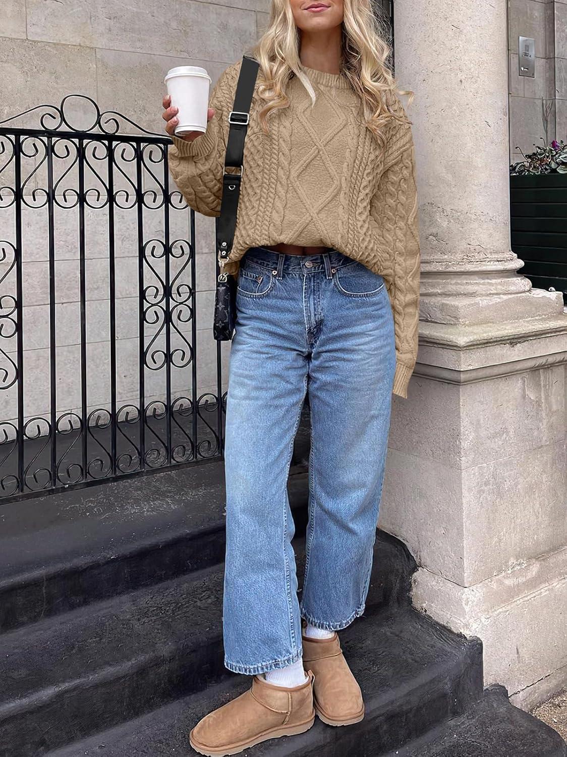 imageANRABESS Sweaters for Women Oversized Cable Knit Fall Long Sleeve Crewneck Casual Pullover Sweater Tops 2025 Winter OutfitsKhaki Brown