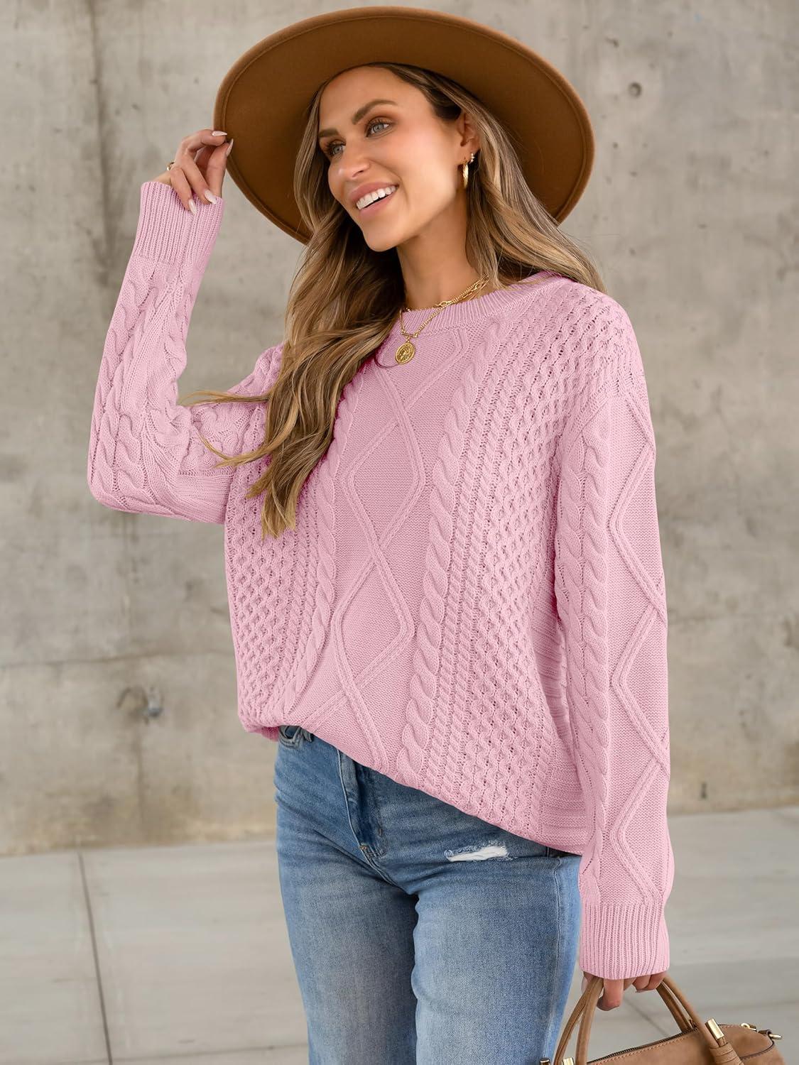 imageANRABESS Sweaters for Women Oversized Cable Knit Fall Long Sleeve Crewneck Casual Pullover Sweater Tops 2025 Winter OutfitsLight Pink