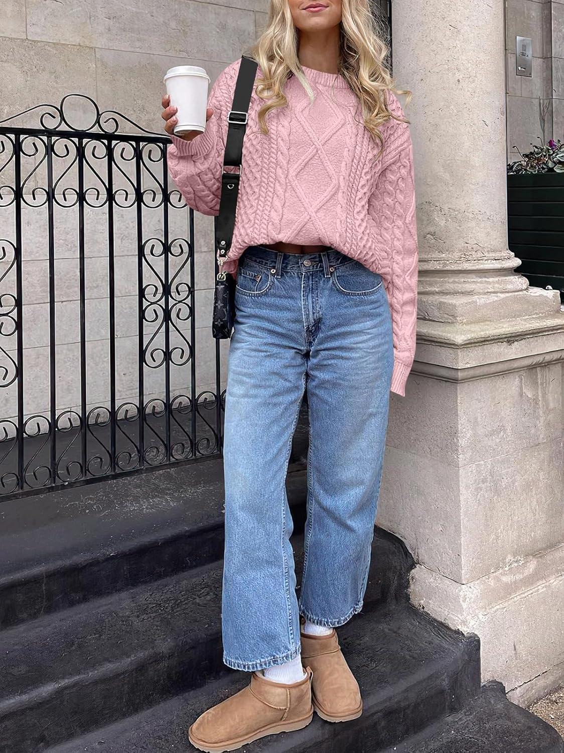 imageANRABESS Sweaters for Women Oversized Cable Knit Fall Long Sleeve Crewneck Casual Pullover Sweater Tops 2025 Winter OutfitsLight Pink