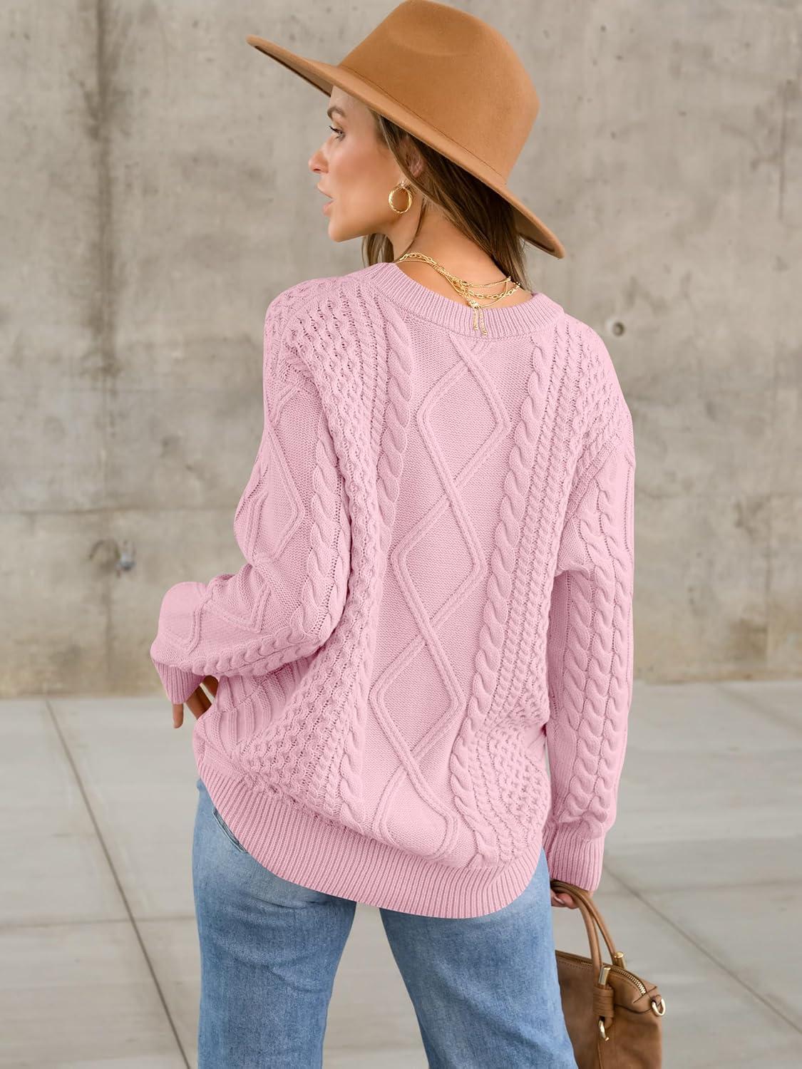 imageANRABESS Sweaters for Women Oversized Cable Knit Fall Long Sleeve Crewneck Casual Pullover Sweater Tops 2025 Winter OutfitsLight Pink
