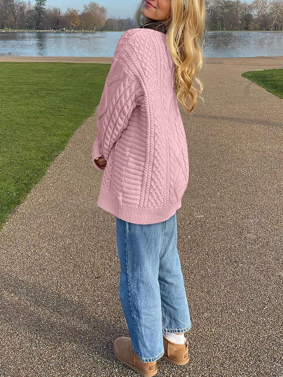 imageANRABESS Sweaters for Women Oversized Cable Knit Fall Long Sleeve Crewneck Casual Pullover Sweater Tops 2025 Winter OutfitsLight Pink