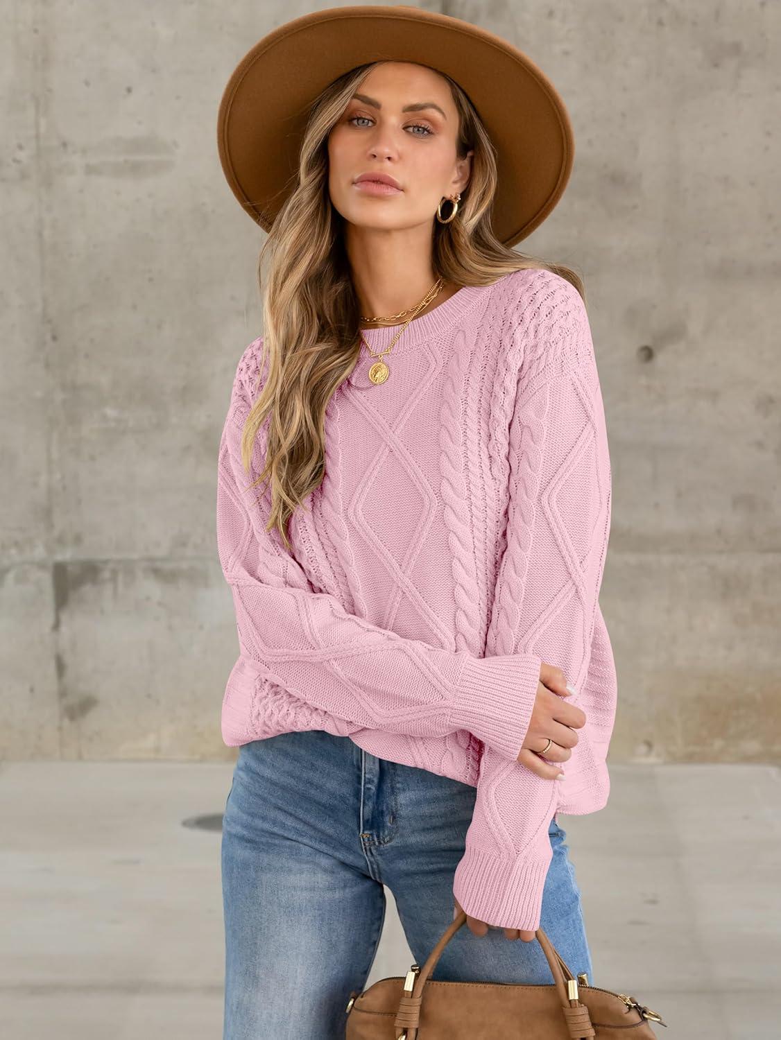 imageANRABESS Sweaters for Women Oversized Cable Knit Fall Long Sleeve Crewneck Casual Pullover Sweater Tops 2025 Winter OutfitsLight Pink