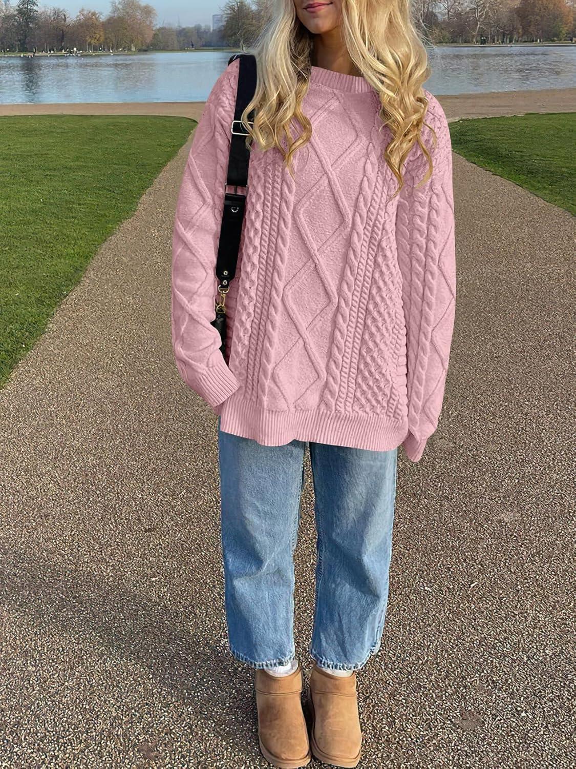 imageANRABESS Sweaters for Women Oversized Cable Knit Fall Long Sleeve Crewneck Casual Pullover Sweater Tops 2025 Winter OutfitsLight Pink