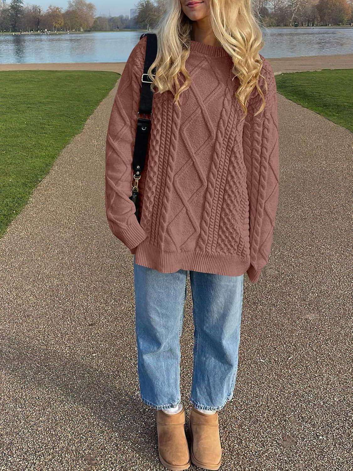 imageANRABESS Sweaters for Women Oversized Cable Knit Fall Long Sleeve Crewneck Casual Pullover Sweater Tops 2025 Winter OutfitsOrange