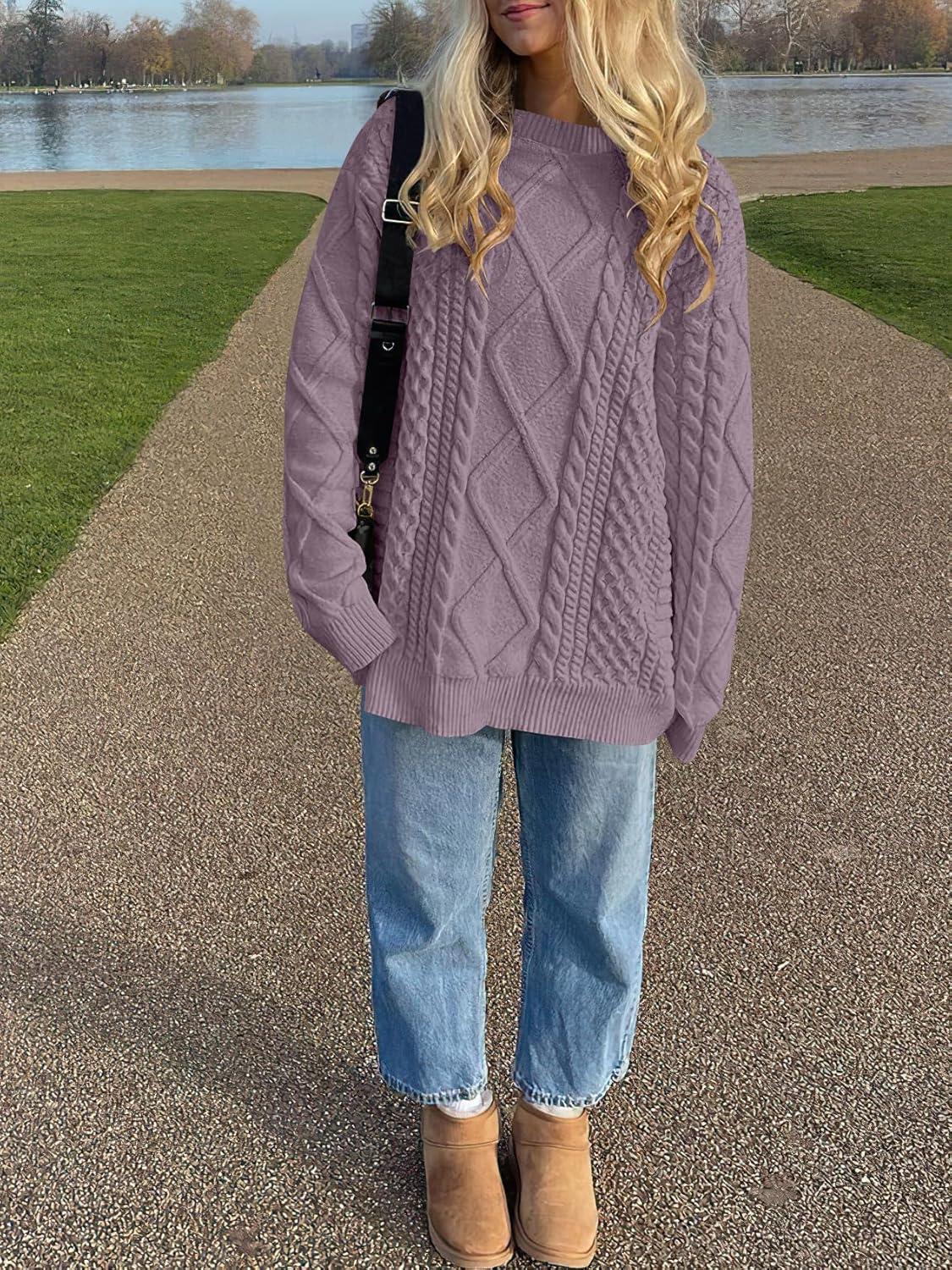 imageANRABESS Sweaters for Women Oversized Cable Knit Fall Long Sleeve Crewneck Casual Pullover Sweater Tops 2025 Winter OutfitsPurple