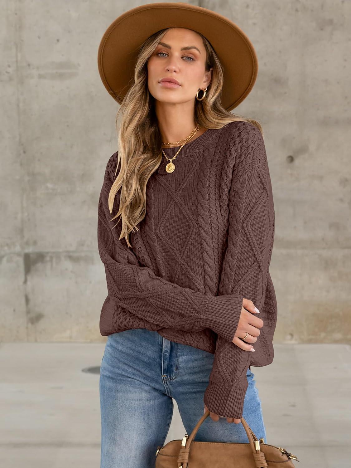 imageANRABESS Sweaters for Women Oversized Cable Knit Fall Long Sleeve Crewneck Casual Pullover Sweater Tops 2025 Winter OutfitsRed Brown