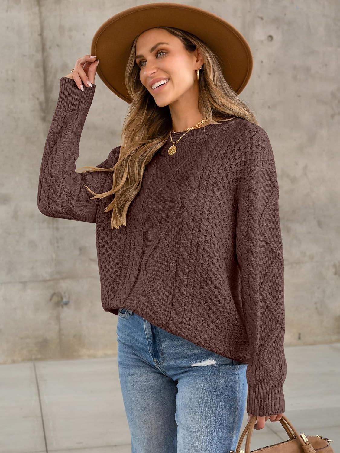 imageANRABESS Sweaters for Women Oversized Cable Knit Fall Long Sleeve Crewneck Casual Pullover Sweater Tops 2025 Winter OutfitsRed Brown