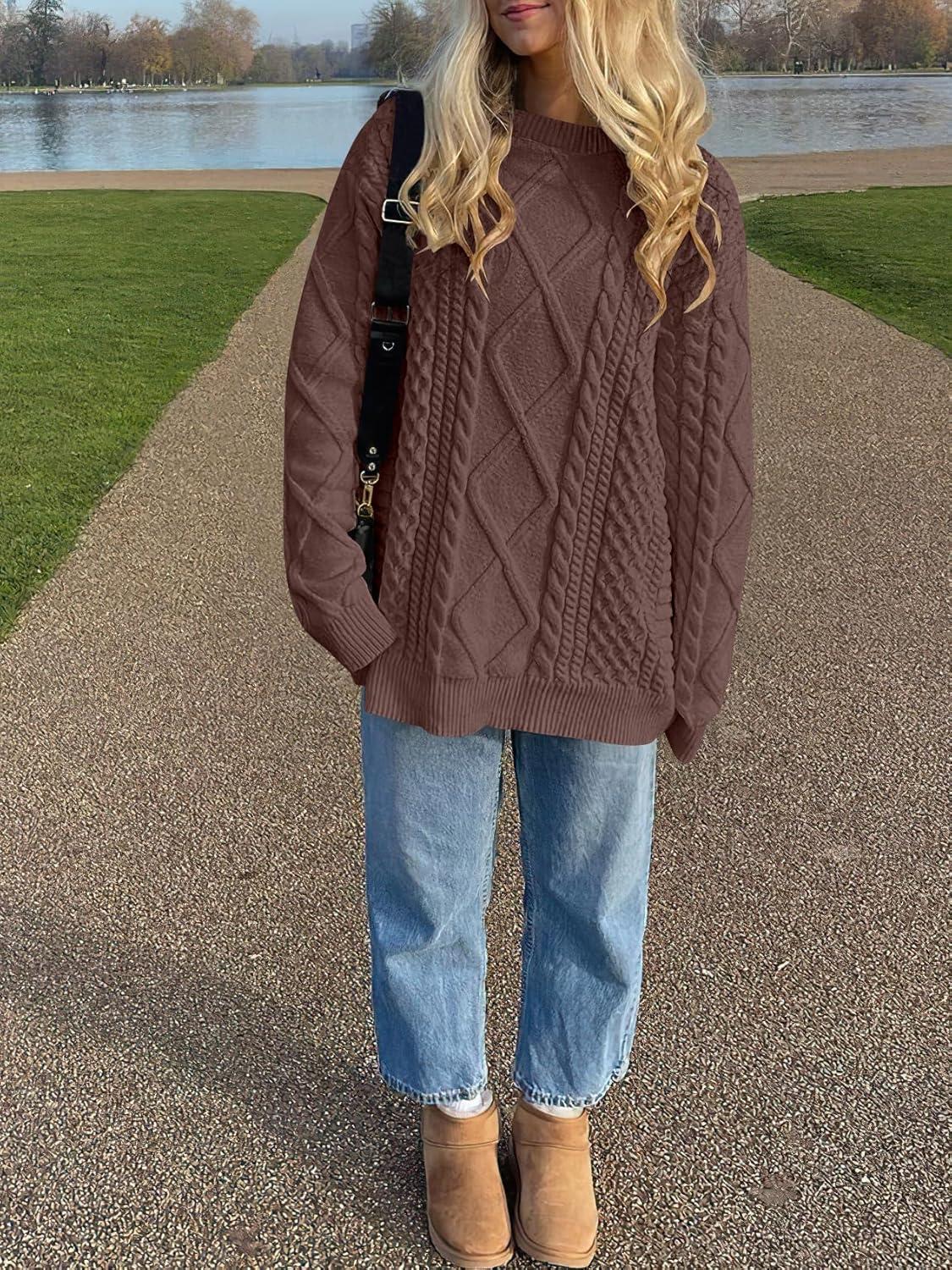 imageANRABESS Sweaters for Women Oversized Cable Knit Fall Long Sleeve Crewneck Casual Pullover Sweater Tops 2025 Winter OutfitsRed Brown