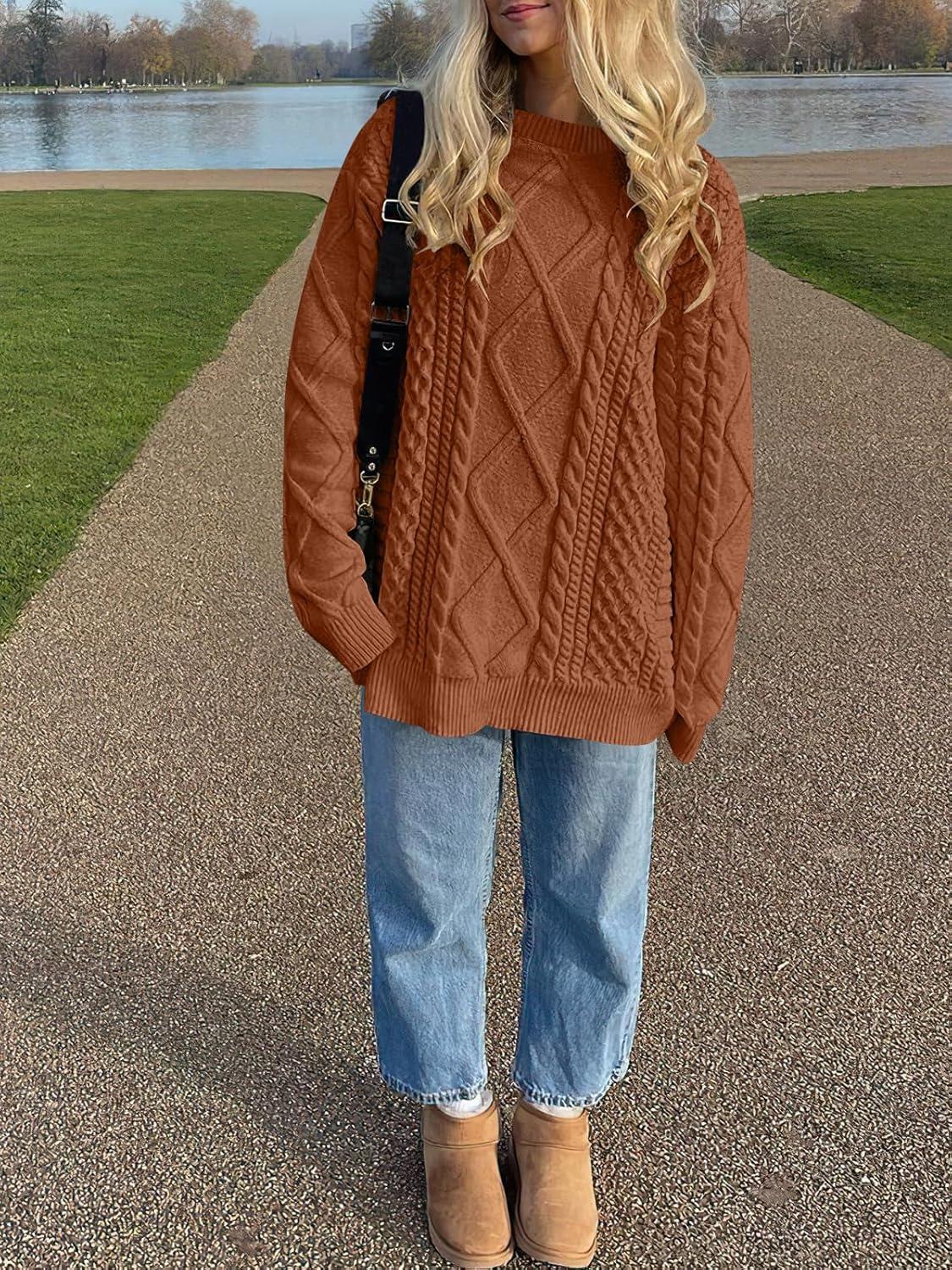 imageANRABESS Sweaters for Women Oversized Cable Knit Fall Long Sleeve Crewneck Casual Pullover Sweater Tops 2025 Winter OutfitsRust Orange