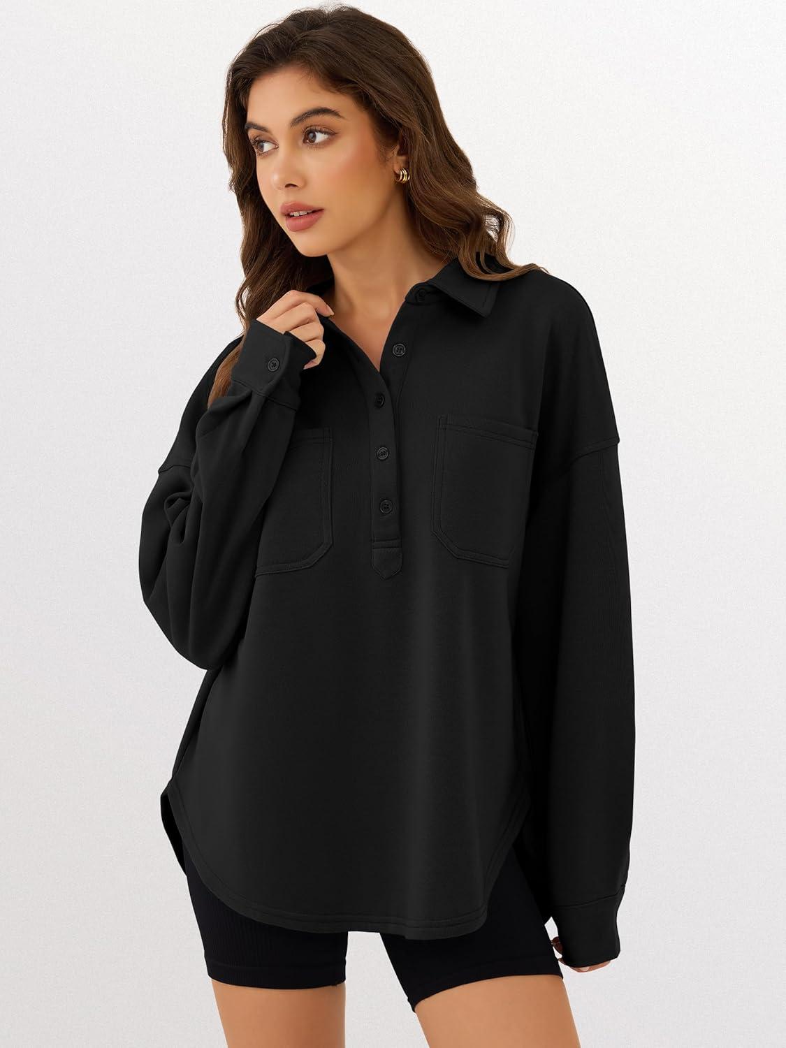 imageANRABESS Sweatshirt for Women Oversized Casual Long Sleeve Side Slit Button Lapel Polo Pullover Tunic Tops 2025 Fall OutfitsBlack