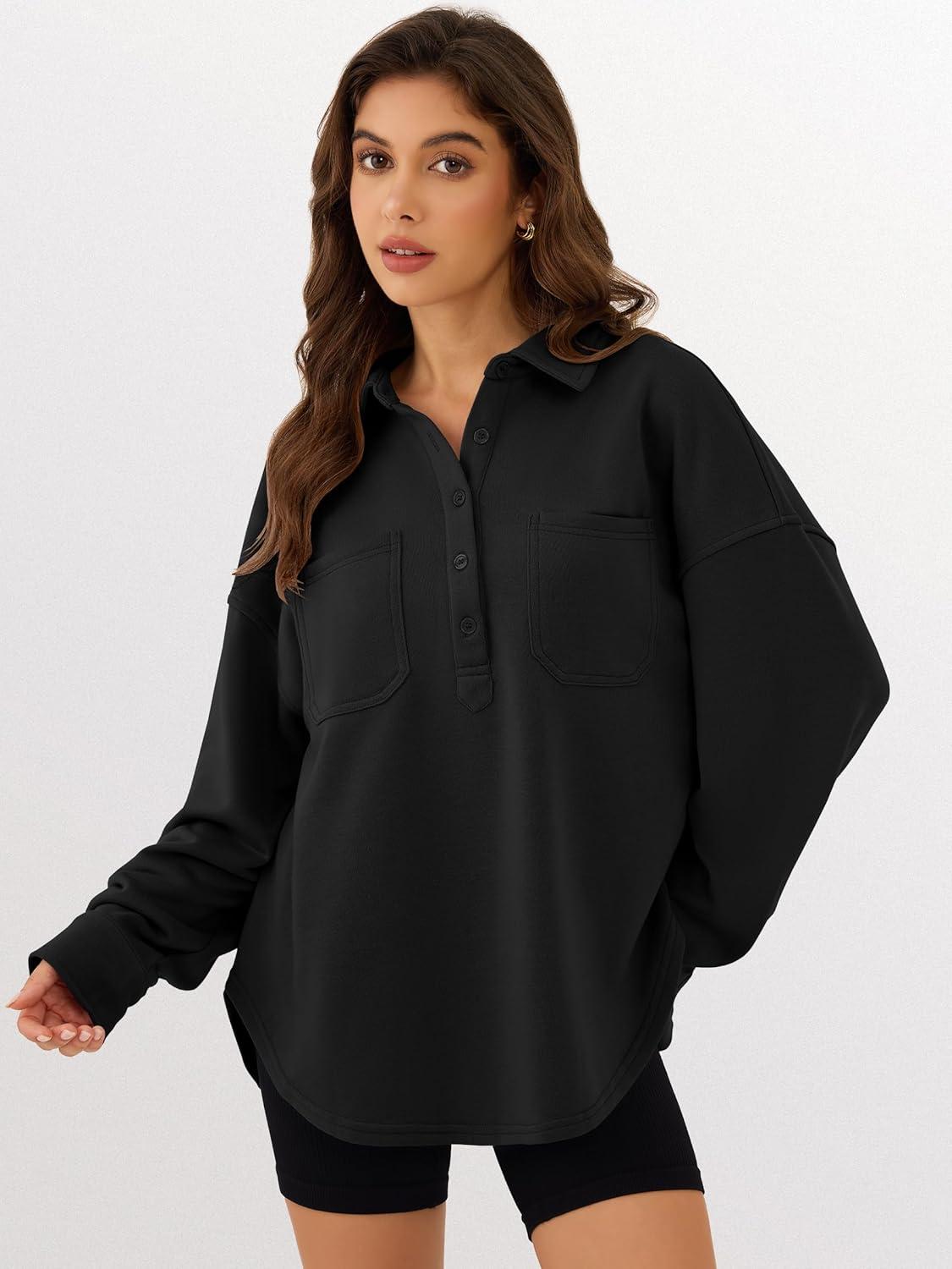 imageANRABESS Sweatshirt for Women Oversized Casual Long Sleeve Side Slit Button Lapel Polo Pullover Tunic Tops 2025 Fall OutfitsBlack