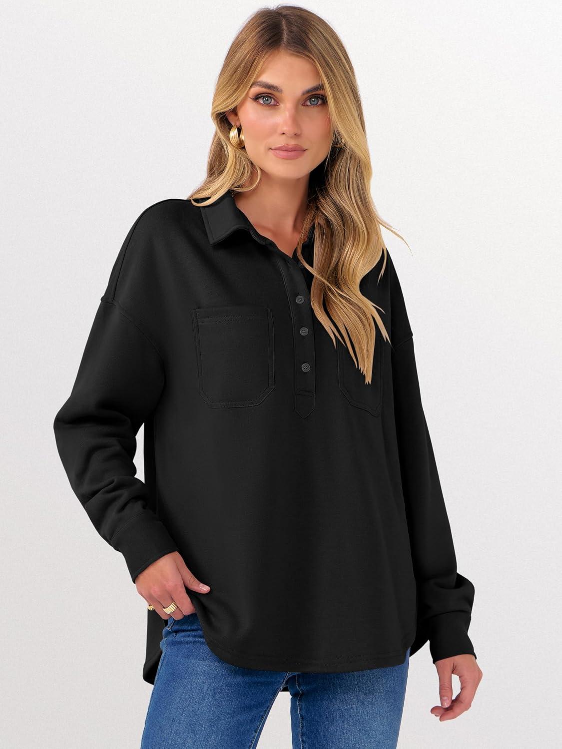 imageANRABESS Sweatshirt for Women Oversized Casual Long Sleeve Side Slit Button Lapel Polo Pullover Tunic Tops 2025 Fall OutfitsBlack