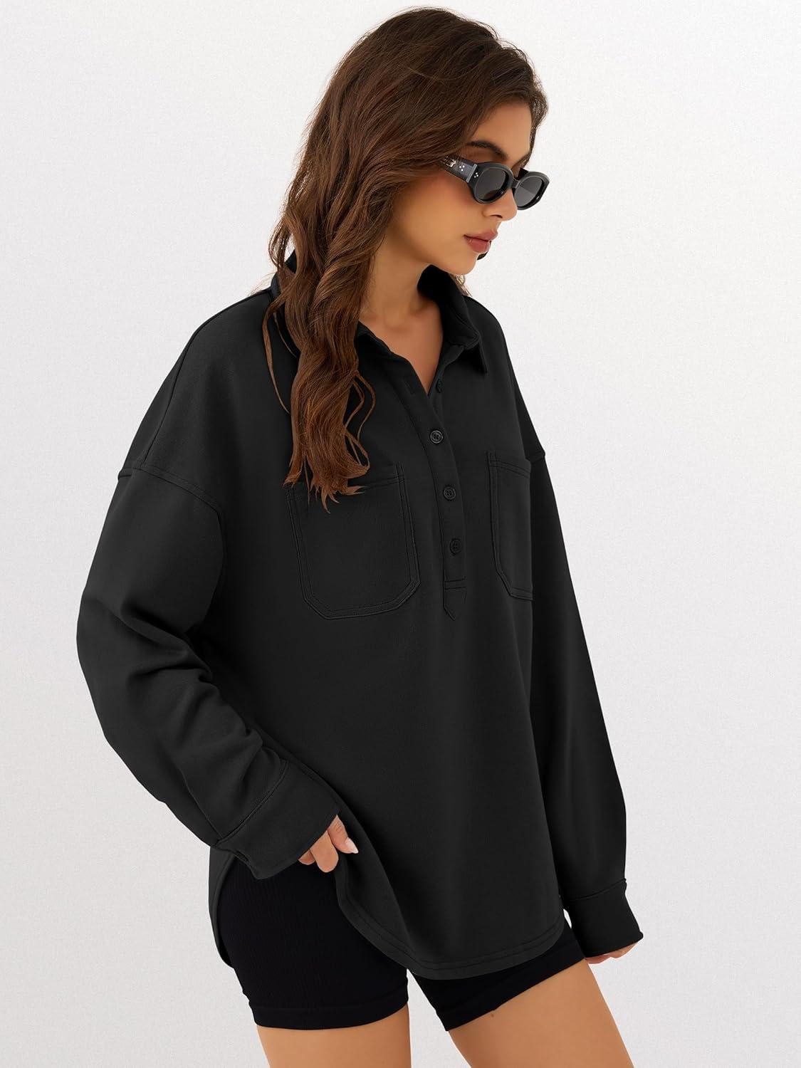 imageANRABESS Sweatshirt for Women Oversized Casual Long Sleeve Side Slit Button Lapel Polo Pullover Tunic Tops 2025 Fall OutfitsBlack