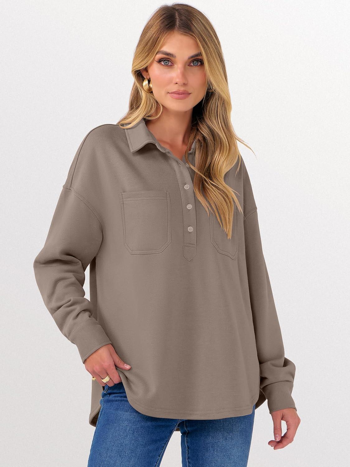 imageANRABESS Sweatshirt for Women Oversized Casual Long Sleeve Side Slit Button Lapel Polo Pullover Tunic Tops 2025 Fall OutfitsDark Khaki