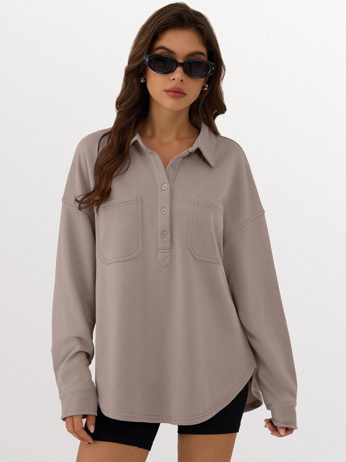 imageANRABESS Sweatshirt for Women Oversized Casual Long Sleeve Side Slit Button Lapel Polo Pullover Tunic Tops 2025 Fall OutfitsDark Khaki
