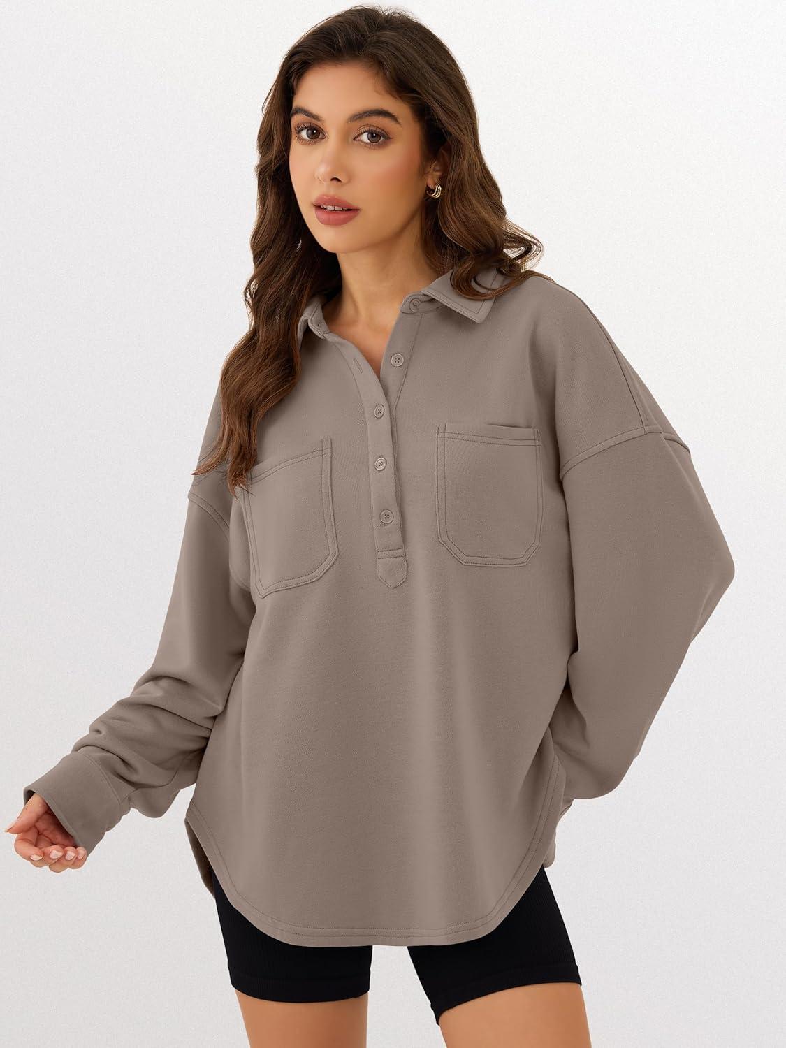 imageANRABESS Sweatshirt for Women Oversized Casual Long Sleeve Side Slit Button Lapel Polo Pullover Tunic Tops 2025 Fall OutfitsDark Khaki