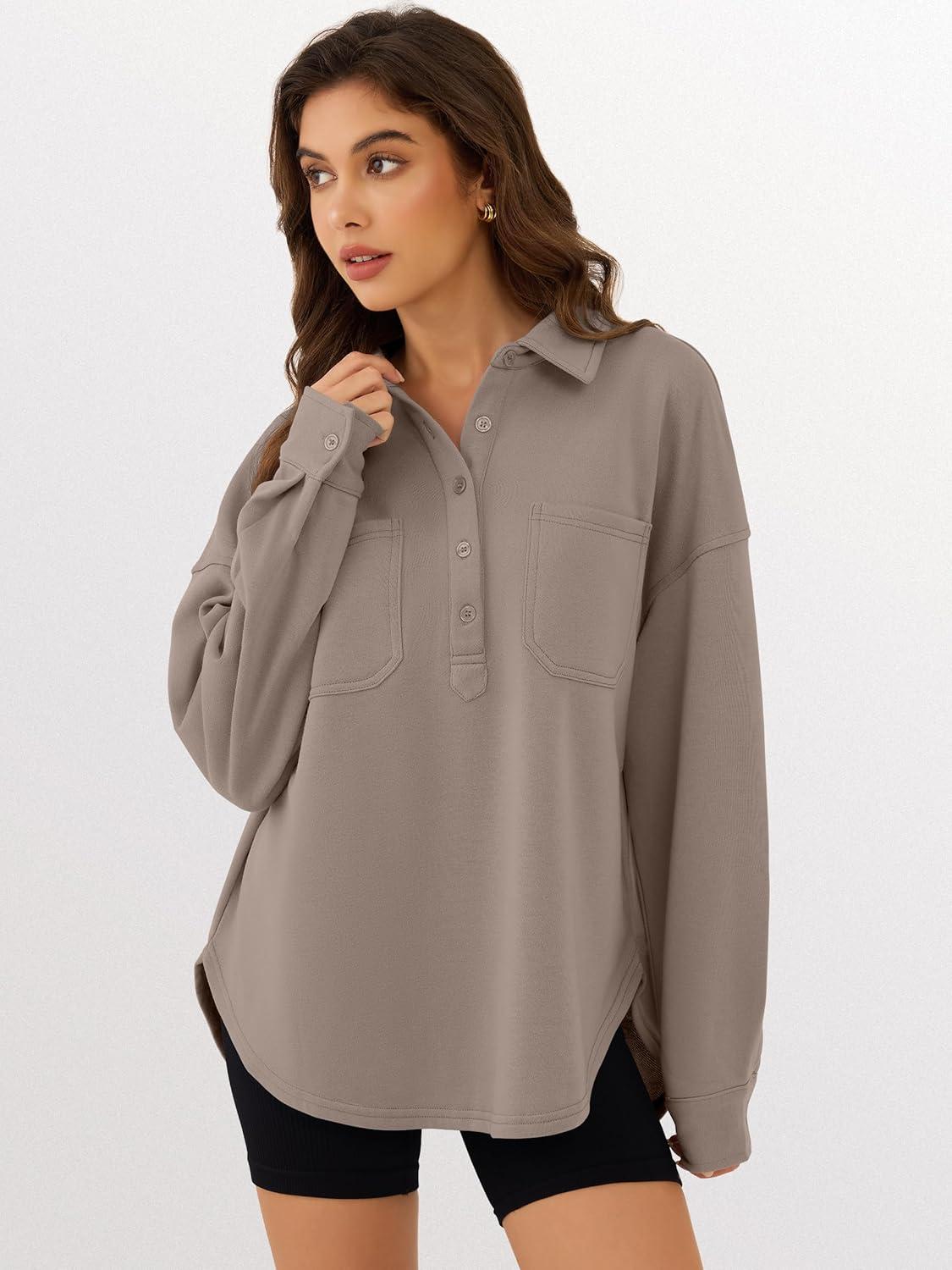 imageANRABESS Sweatshirt for Women Oversized Casual Long Sleeve Side Slit Button Lapel Polo Pullover Tunic Tops 2025 Fall OutfitsDark Khaki