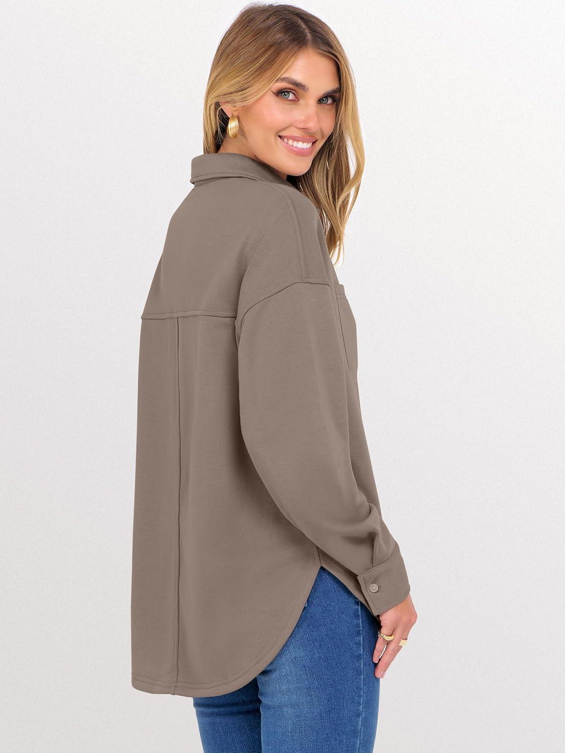 imageANRABESS Sweatshirt for Women Oversized Casual Long Sleeve Side Slit Button Lapel Polo Pullover Tunic Tops 2025 Fall OutfitsDark Khaki