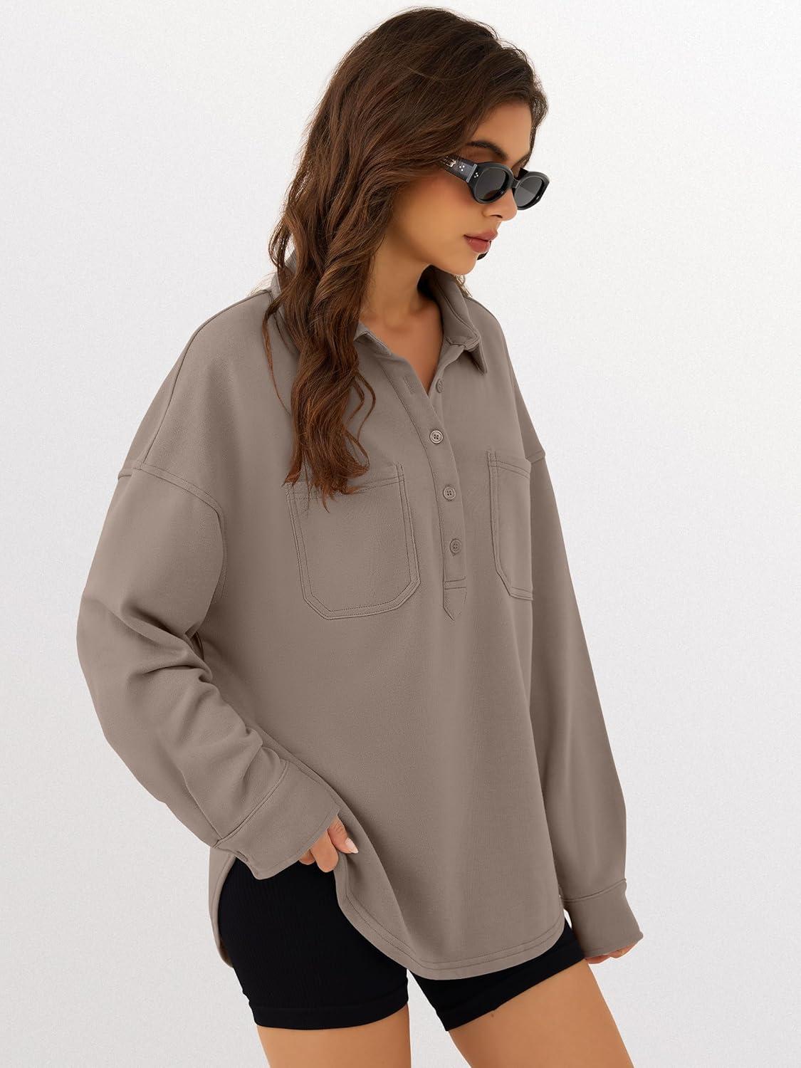 imageANRABESS Sweatshirt for Women Oversized Casual Long Sleeve Side Slit Button Lapel Polo Pullover Tunic Tops 2025 Fall OutfitsDark Khaki