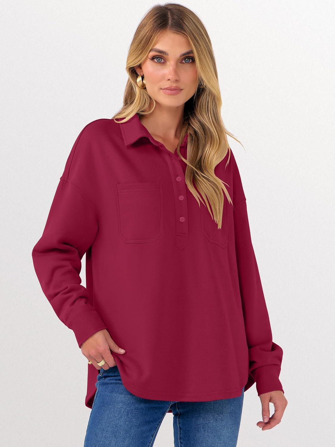 imageANRABESS Sweatshirt for Women Oversized Casual Long Sleeve Side Slit Button Lapel Polo Pullover Tunic Tops 2025 Fall OutfitsDark Red
