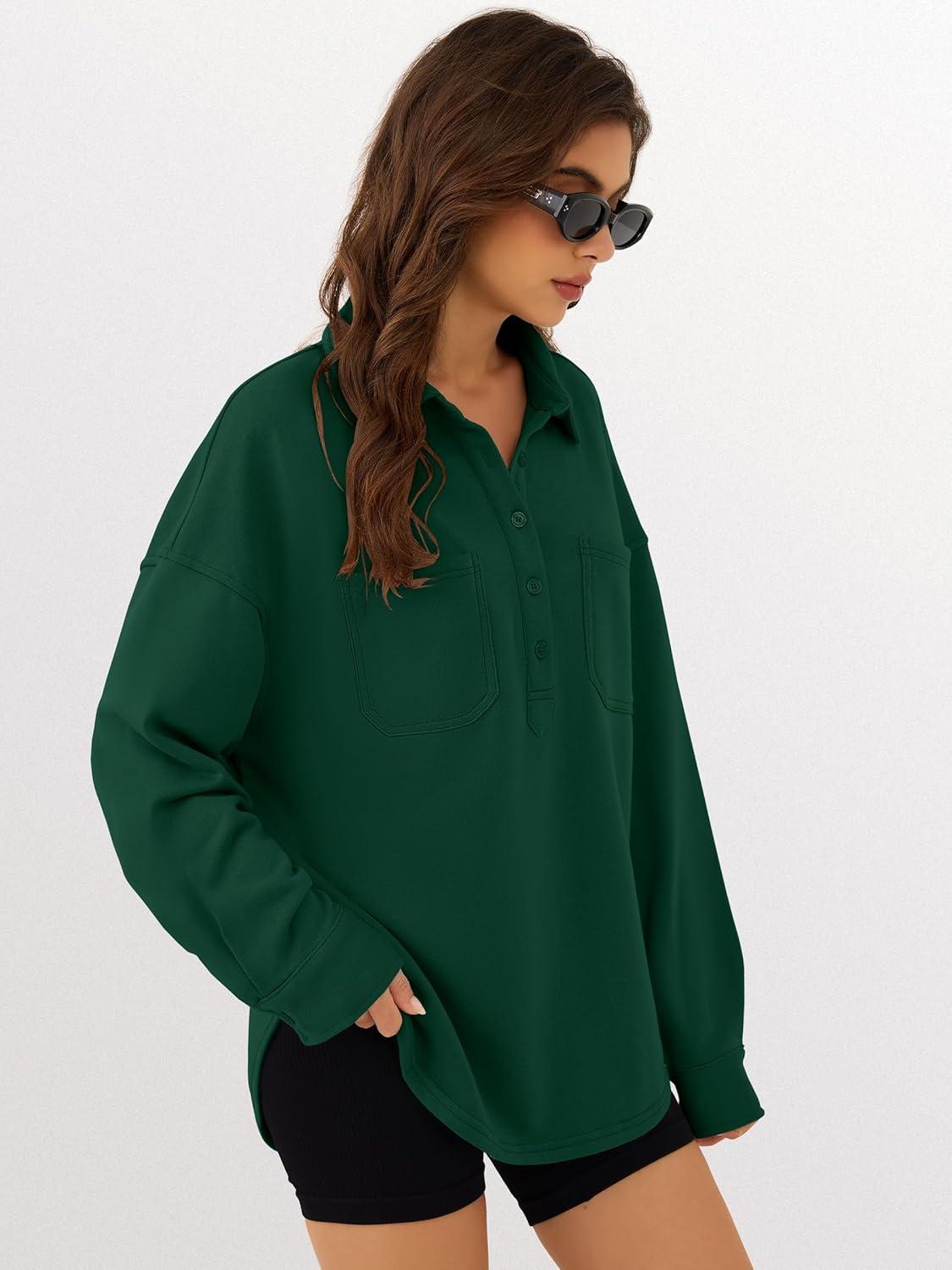 imageANRABESS Sweatshirt for Women Oversized Casual Long Sleeve Side Slit Button Lapel Polo Pullover Tunic Tops 2025 Fall OutfitsForest Green