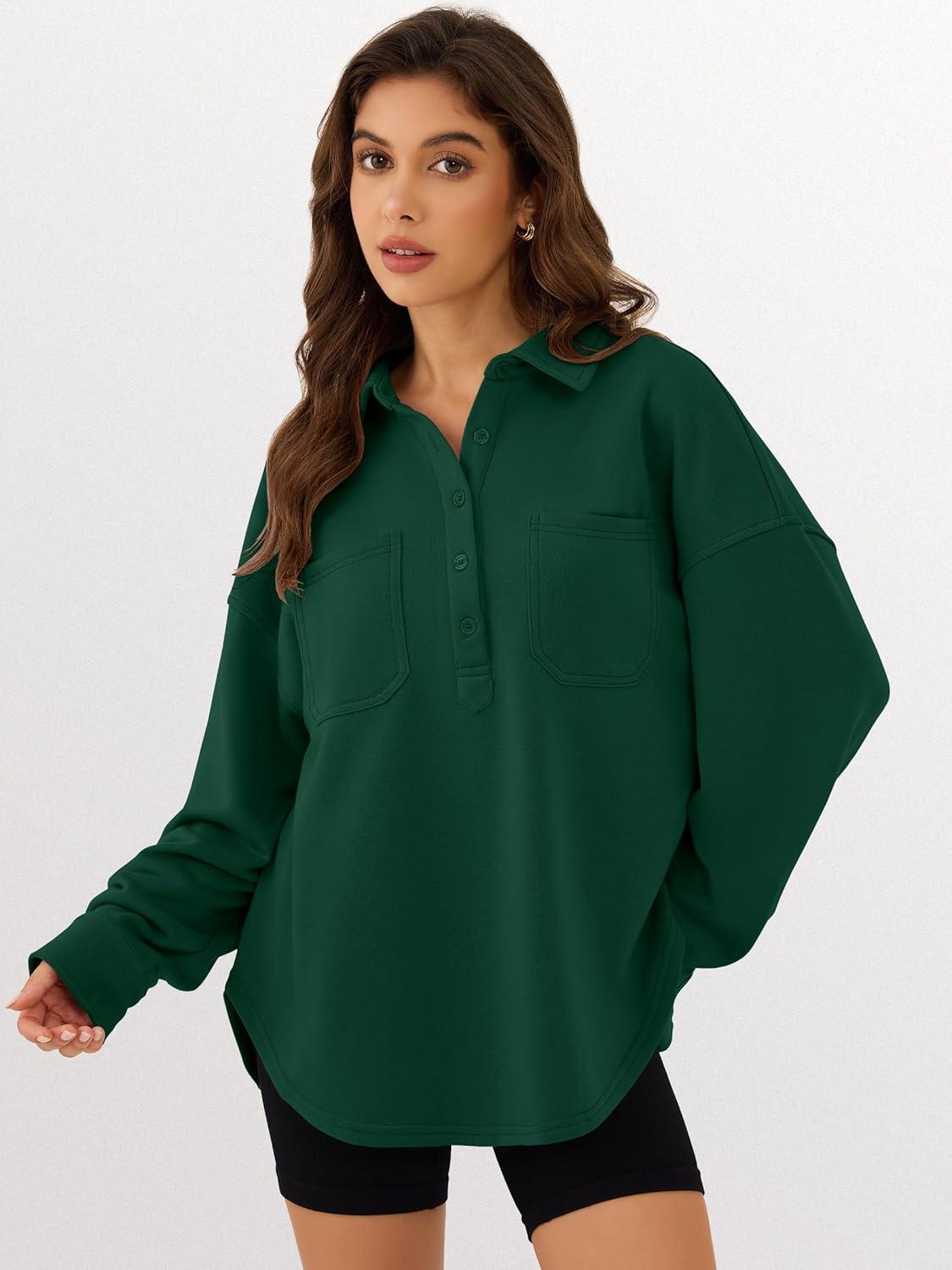 imageANRABESS Sweatshirt for Women Oversized Casual Long Sleeve Side Slit Button Lapel Polo Pullover Tunic Tops 2025 Fall OutfitsForest Green
